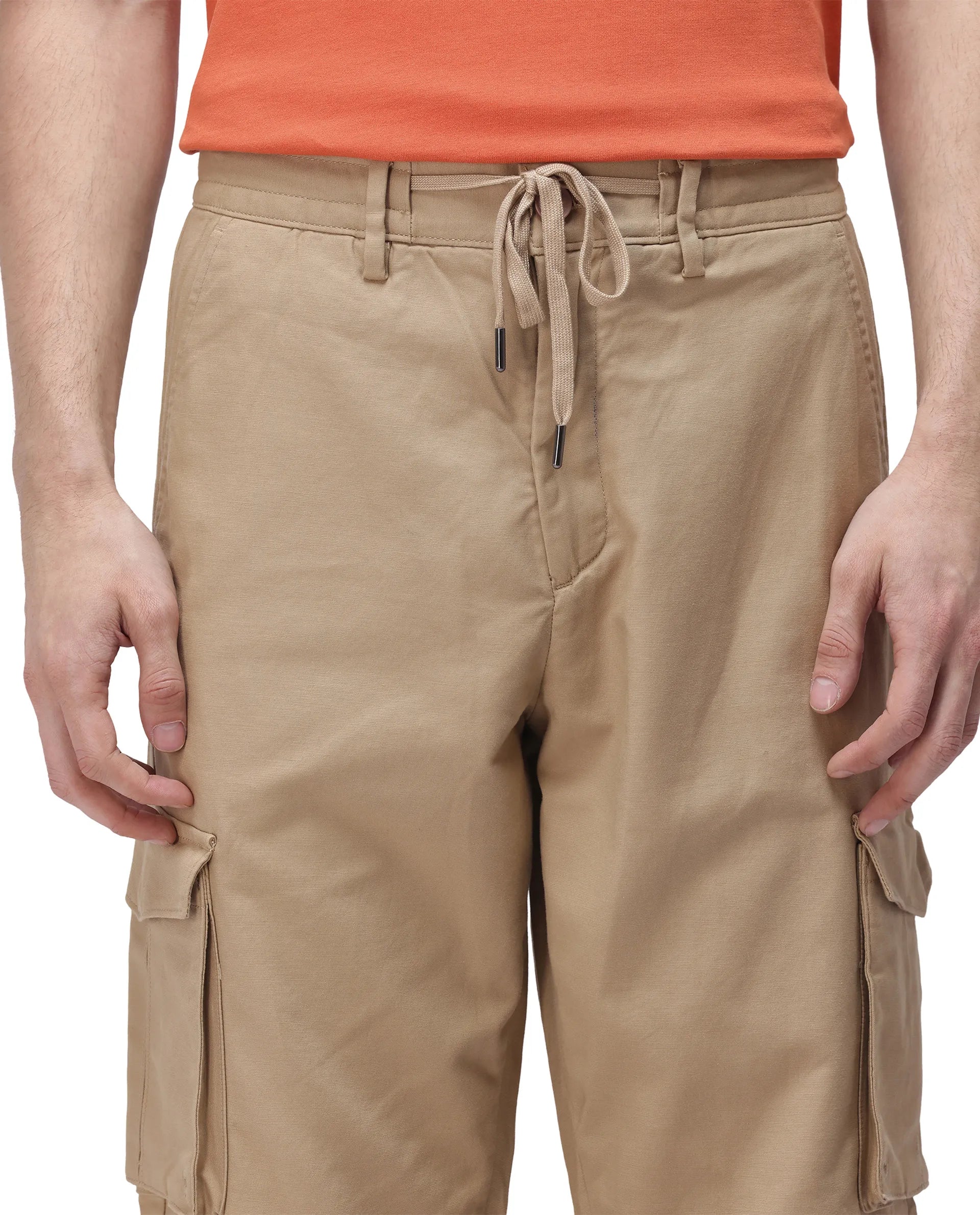 Rare Rabbit Men's Maks Khaki Cotton Plain Regular Fit Trouser