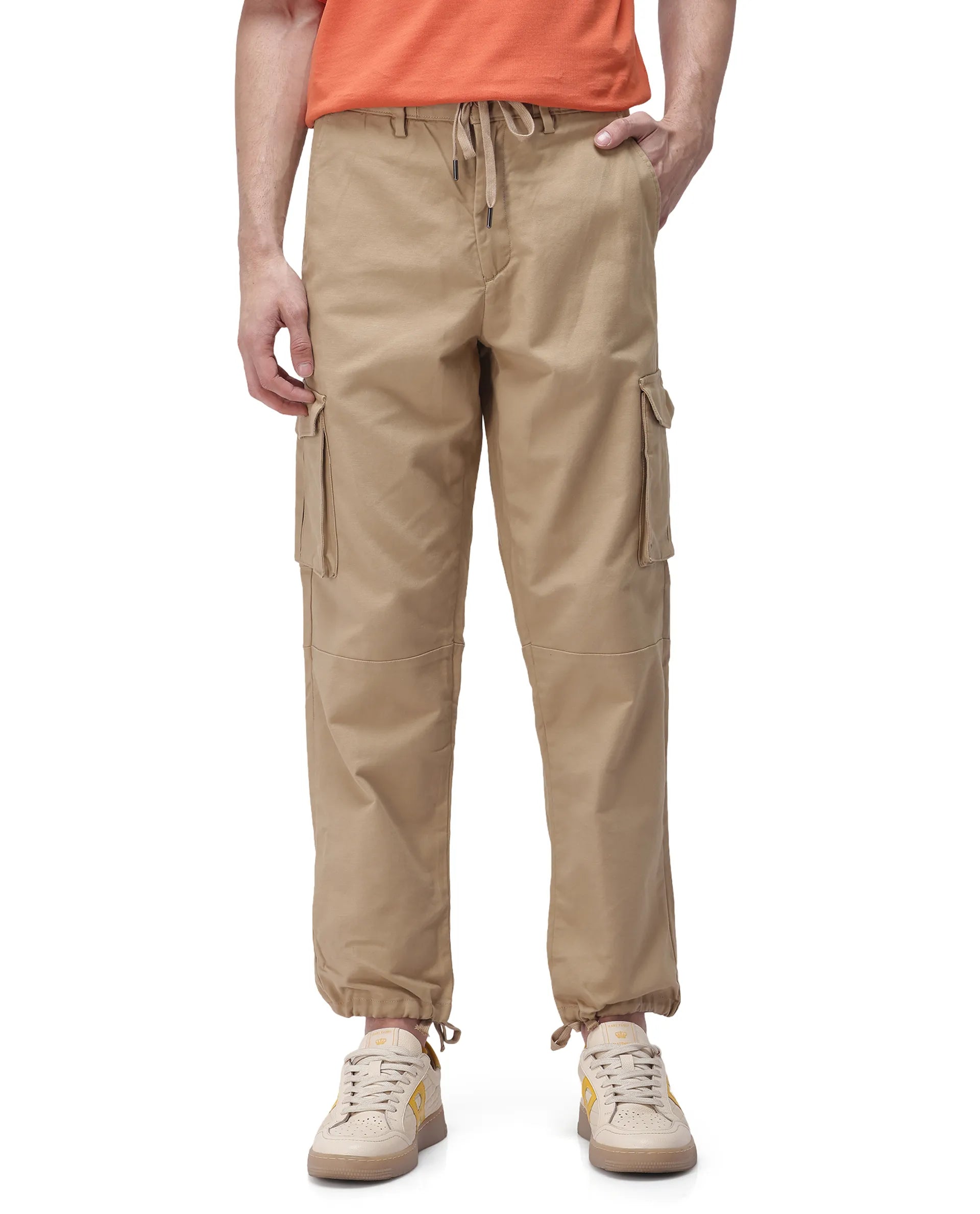 Rare Rabbit Men's Maks Khaki Cotton Plain Regular Fit Trouser