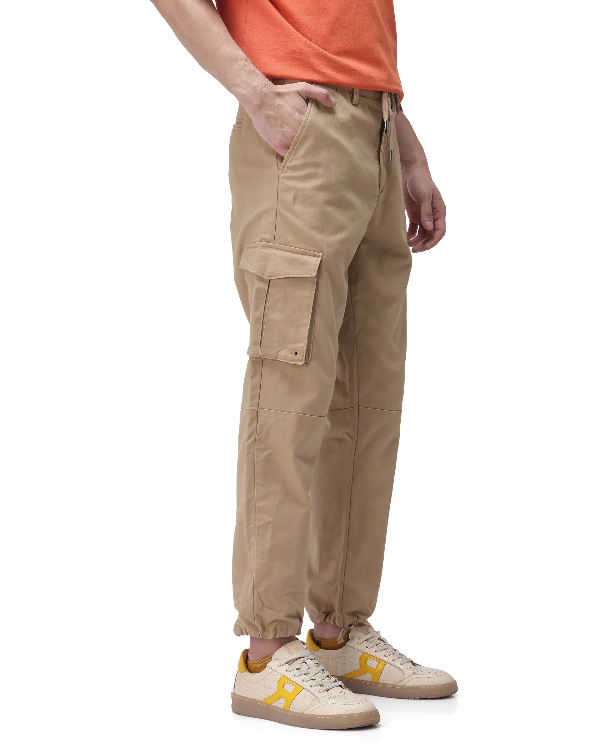 Rare Rabbit Men's Maks Khaki Cotton Plain Regular Fit Trouser