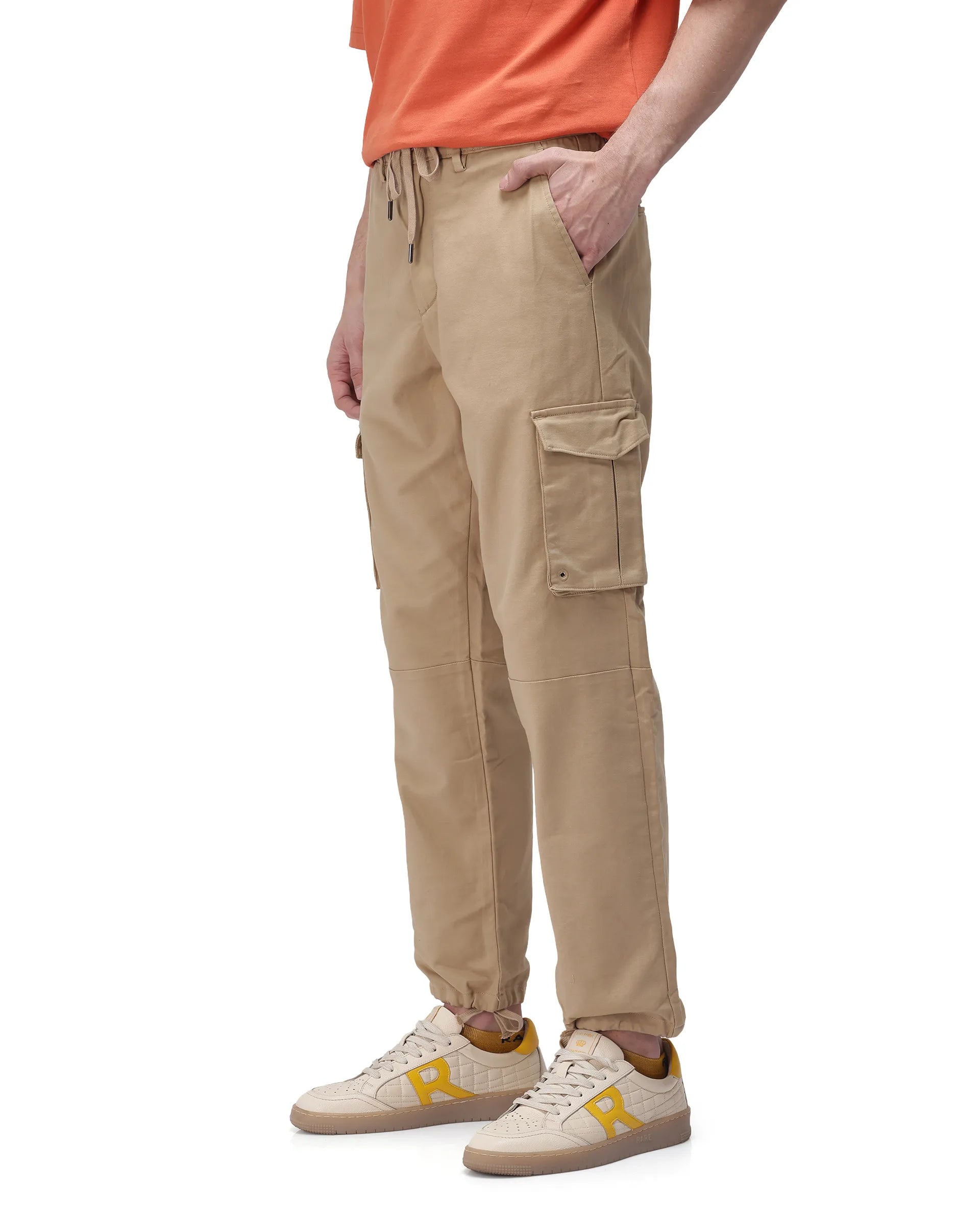 Rare Rabbit Men's Maks Khaki Cotton Plain Regular Fit Trouser
