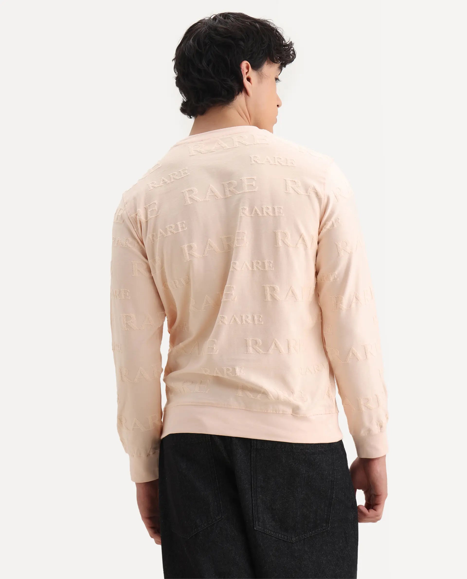 Rare Rabbit Men's Malaga Peach Cotton Embroidered Regular Fit Full Sleeve Crew Neck Sweatshirt