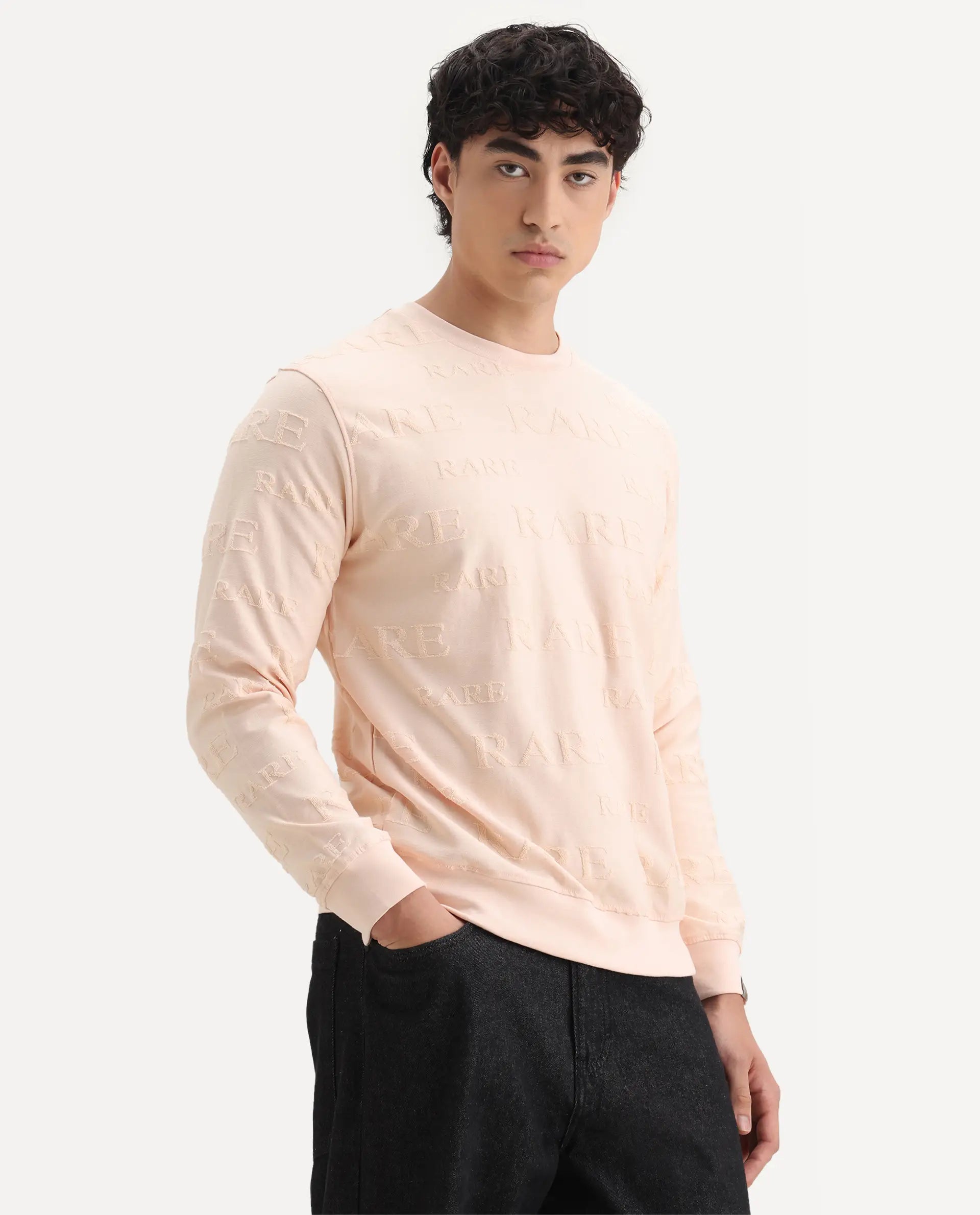Rare Rabbit Men's Malaga Peach Cotton Embroidered Regular Fit Full Sleeve Crew Neck Sweatshirt
