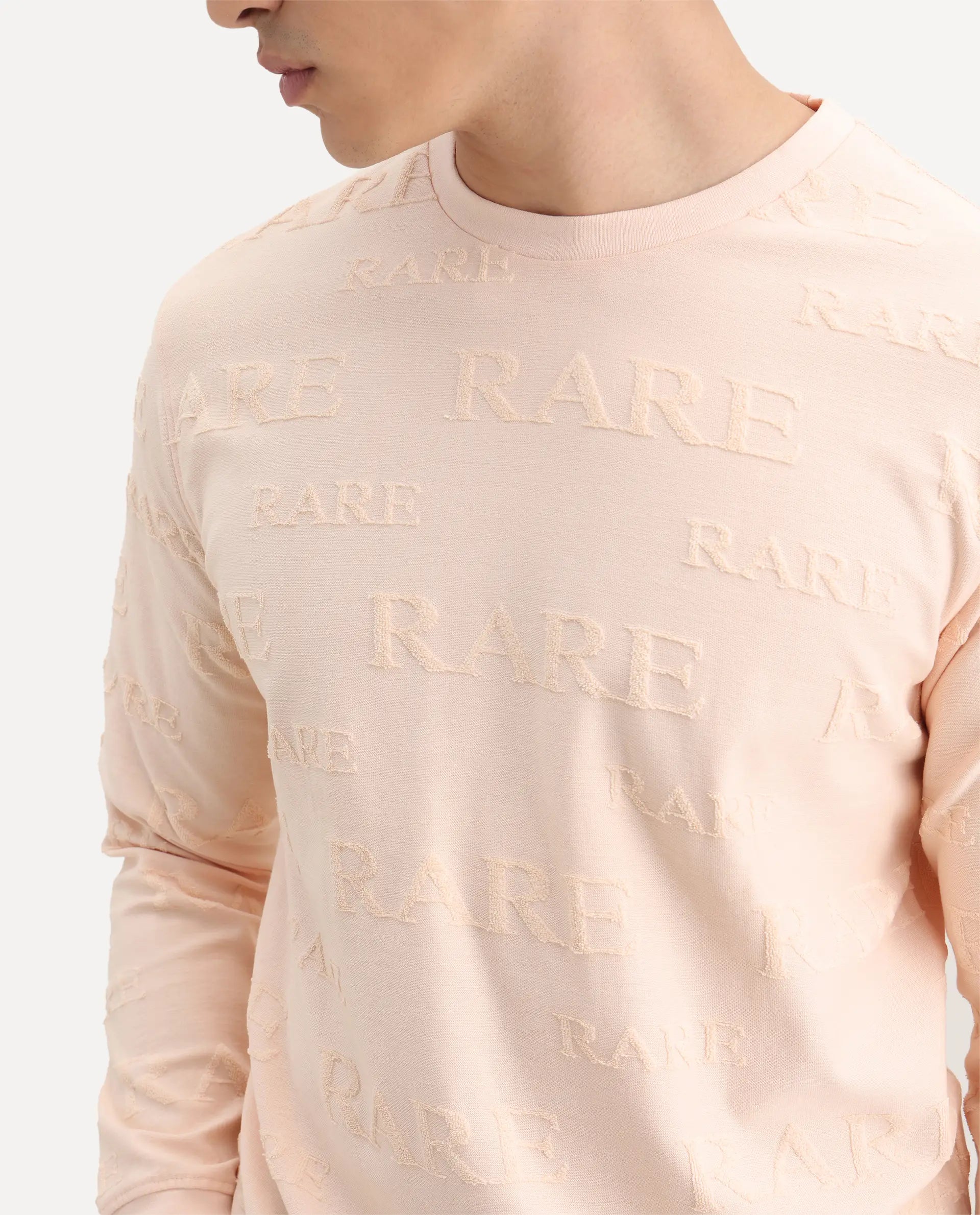 Rare Rabbit Men's Malaga Peach Cotton Embroidered Regular Fit Full Sleeve Crew Neck Sweatshirt