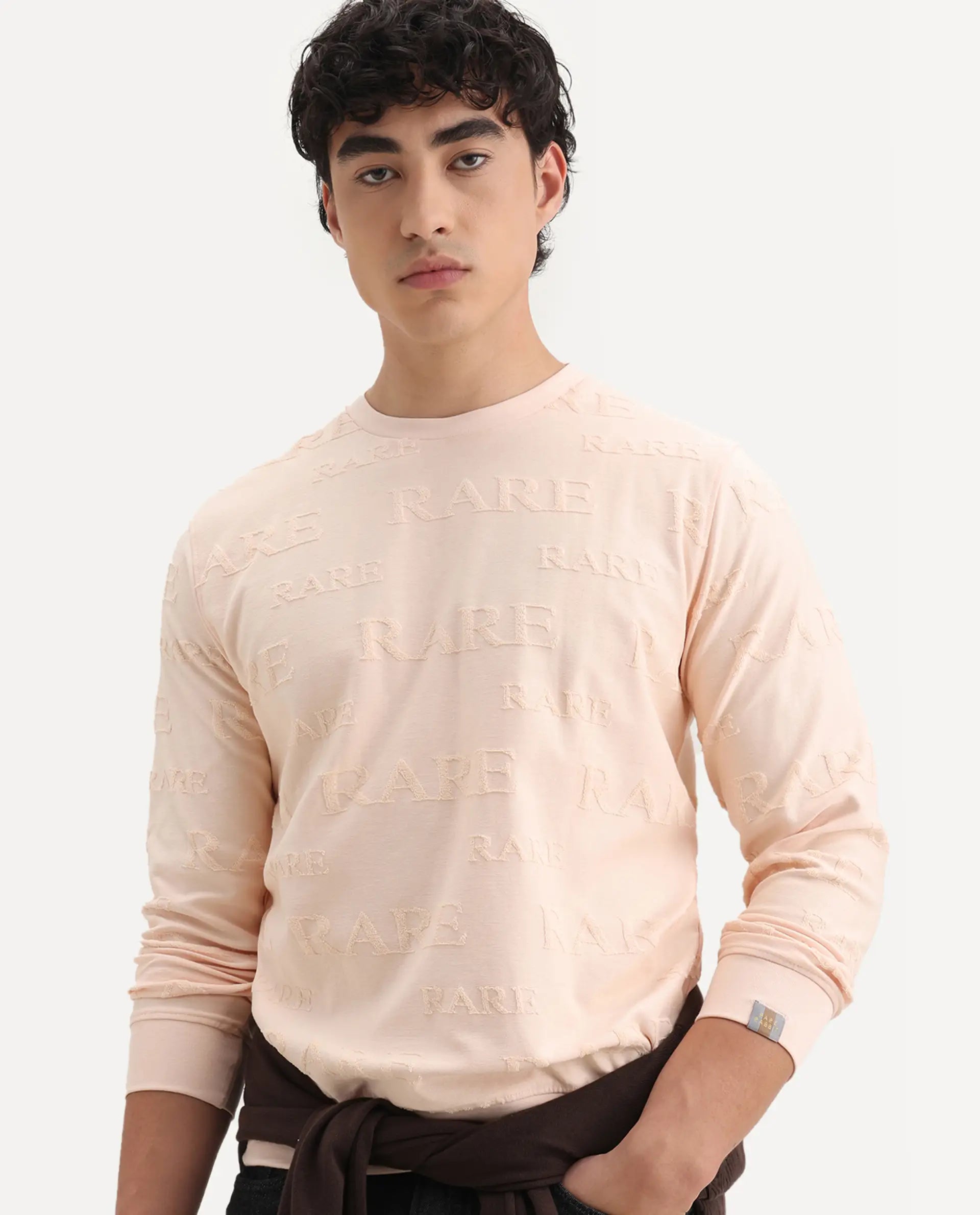 Rare Rabbit Men's Malaga Peach Cotton Embroidered Regular Fit Full Sleeve Crew Neck Sweatshirt