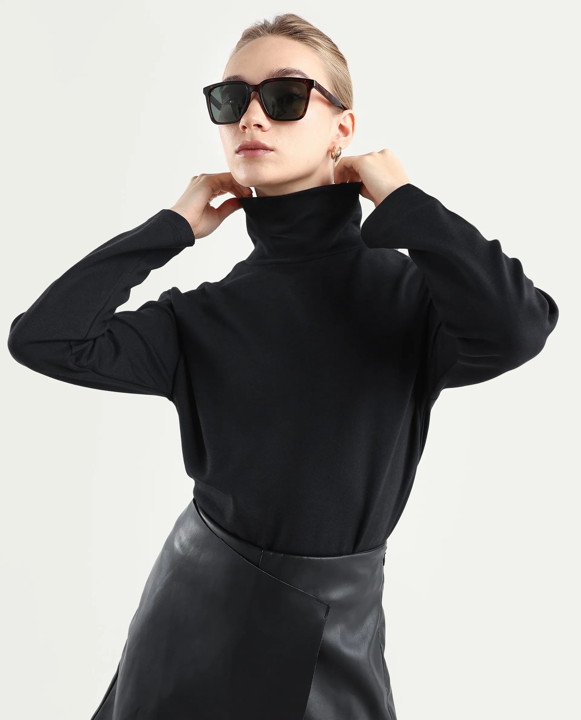 Rareism Women's Malatya Black Cotton Blend Polo Neck Plain Slim Fit Top