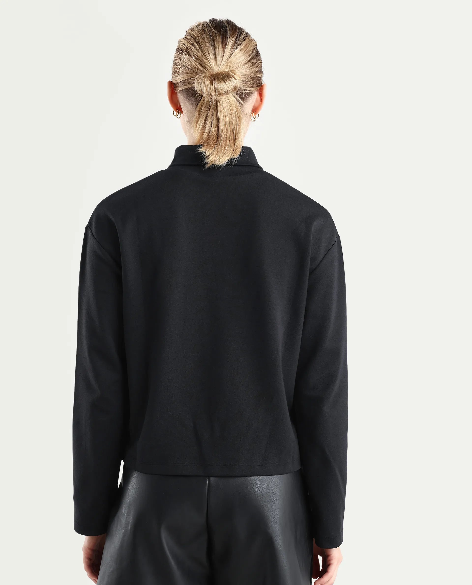 Rareism Women's Malatya Black Cotton Blend Polo Neck Plain Slim Fit Top