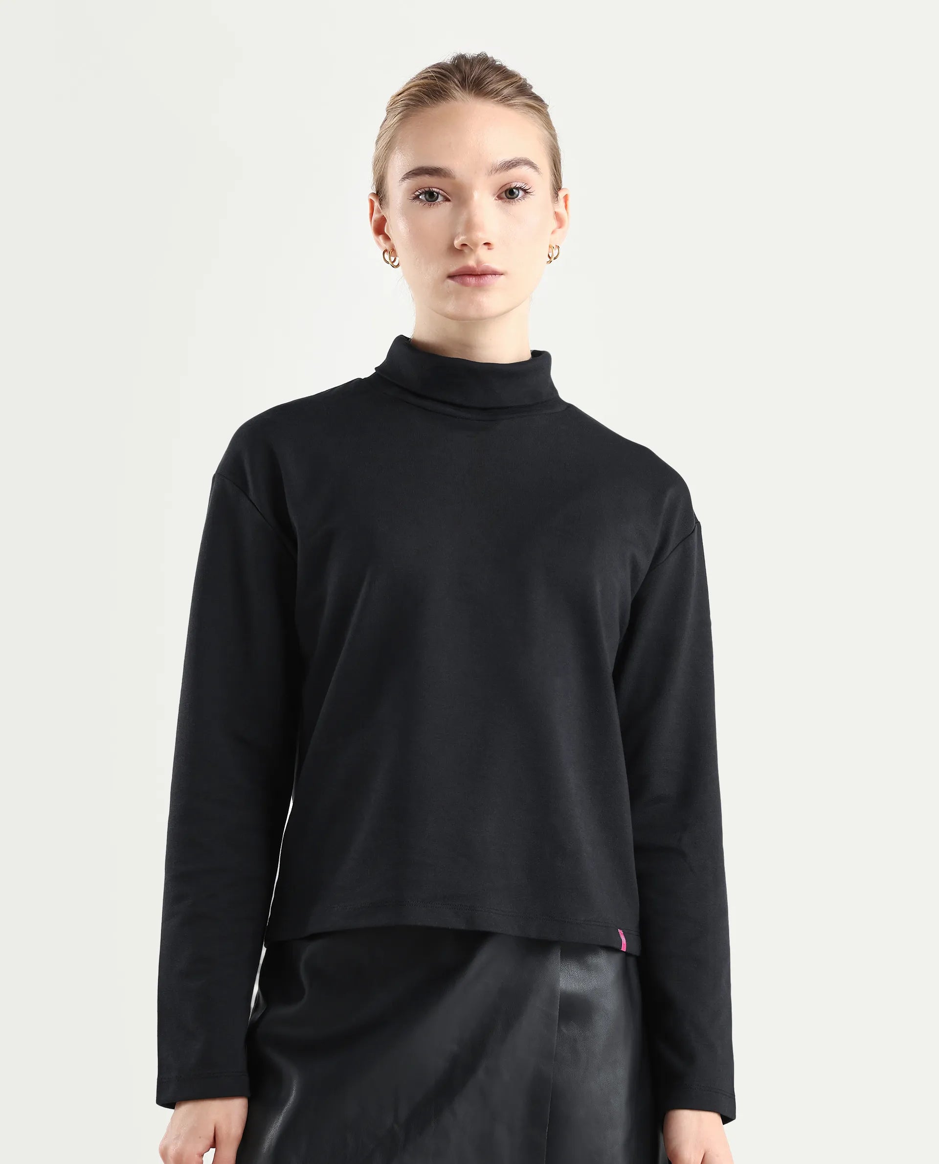 Rareism Women's Malatya Black Cotton Blend Polo Neck Plain Slim Fit Top