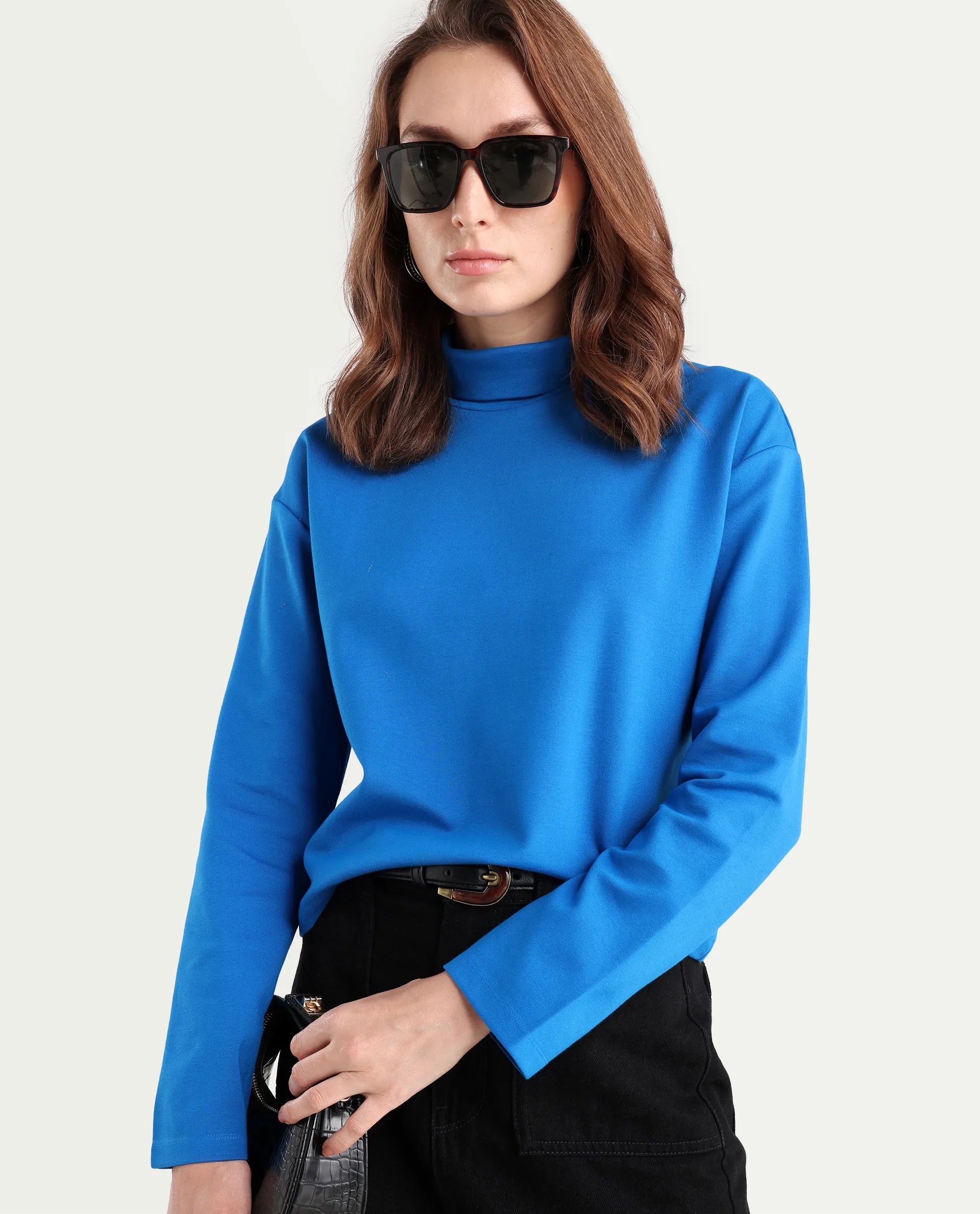 Rareism Women's Malatya Blue Cotton Polo Neck Plain Slim Fit Top