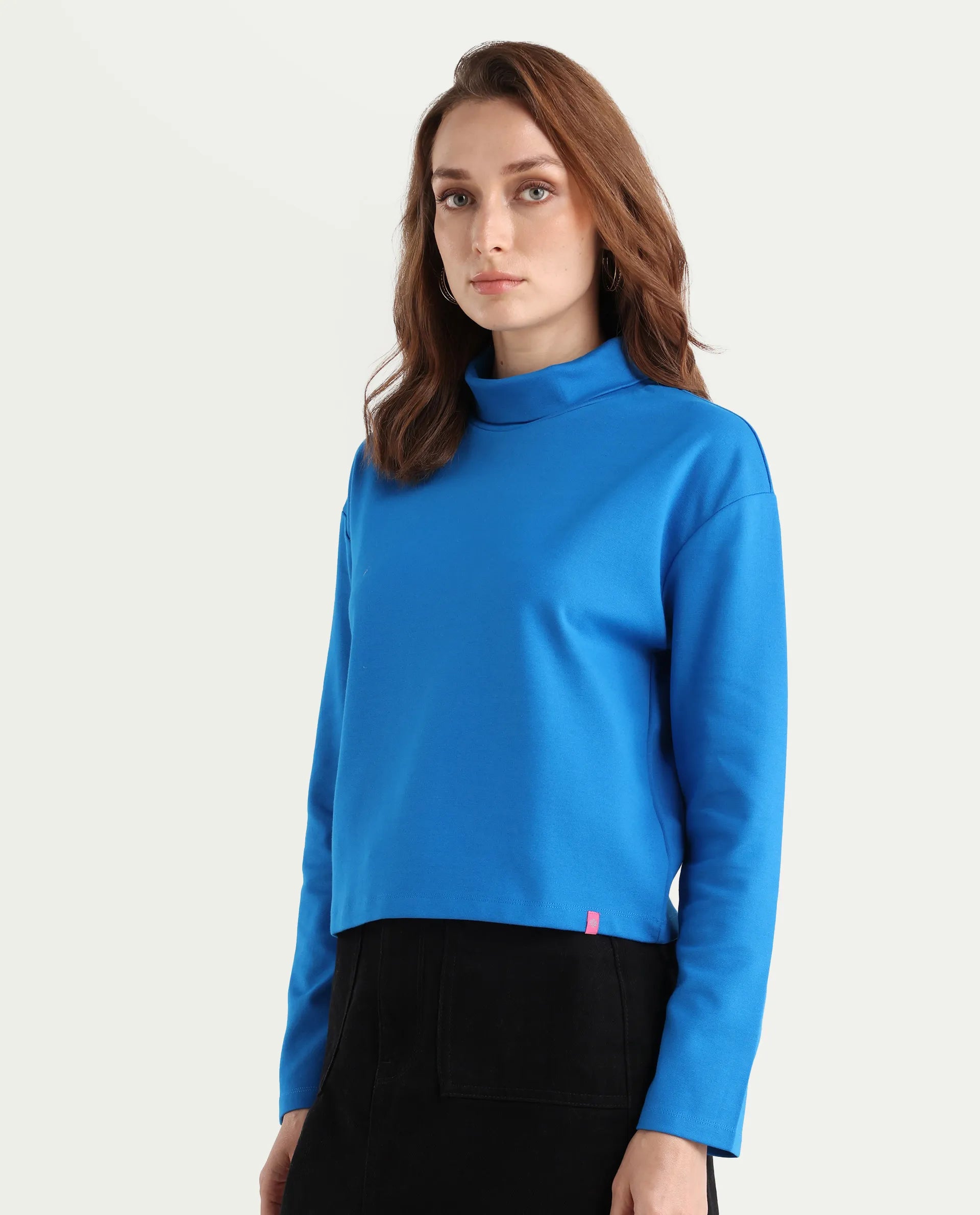 Rareism Women's Malatya Blue Cotton Polo Neck Plain Slim Fit Top