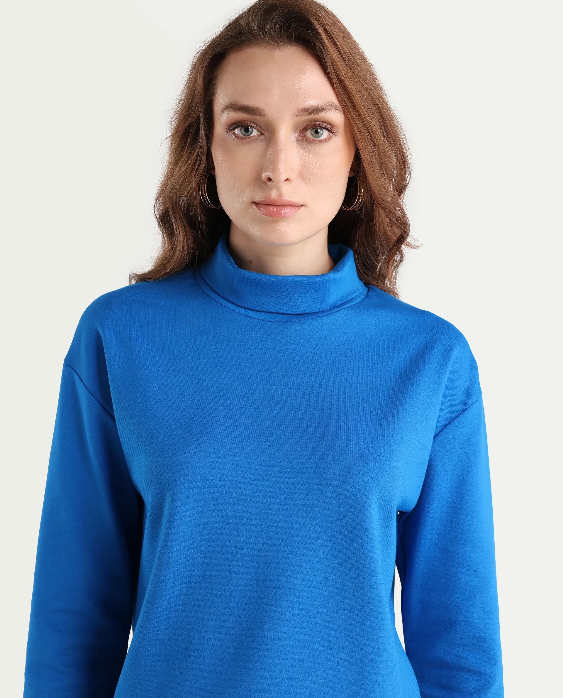 Rareism Women's Malatya Blue Cotton Polo Neck Plain Slim Fit Top