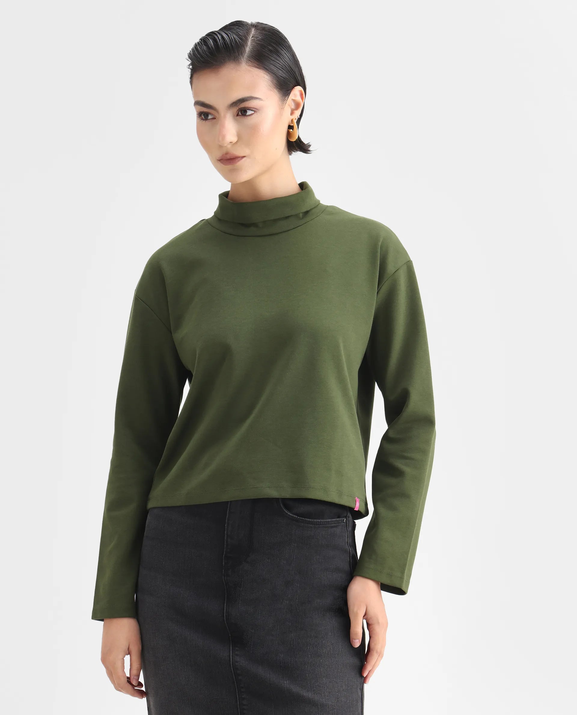 Rareism Women's Malatya Olive Cotton Blend Polo Neck Plain Slim Fit Top