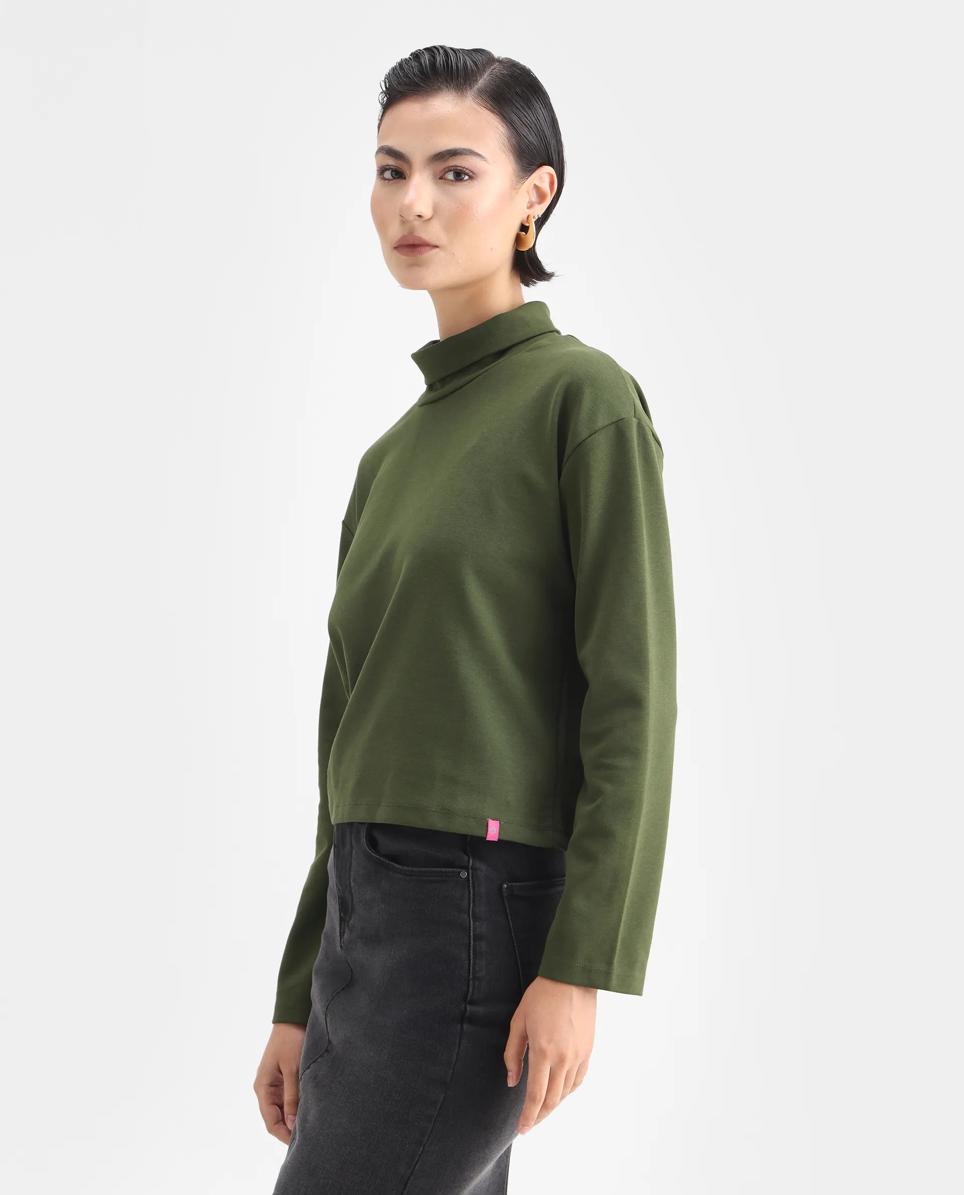 Rareism Women's Malatya Olive Cotton Blend Polo Neck Plain Slim Fit Top