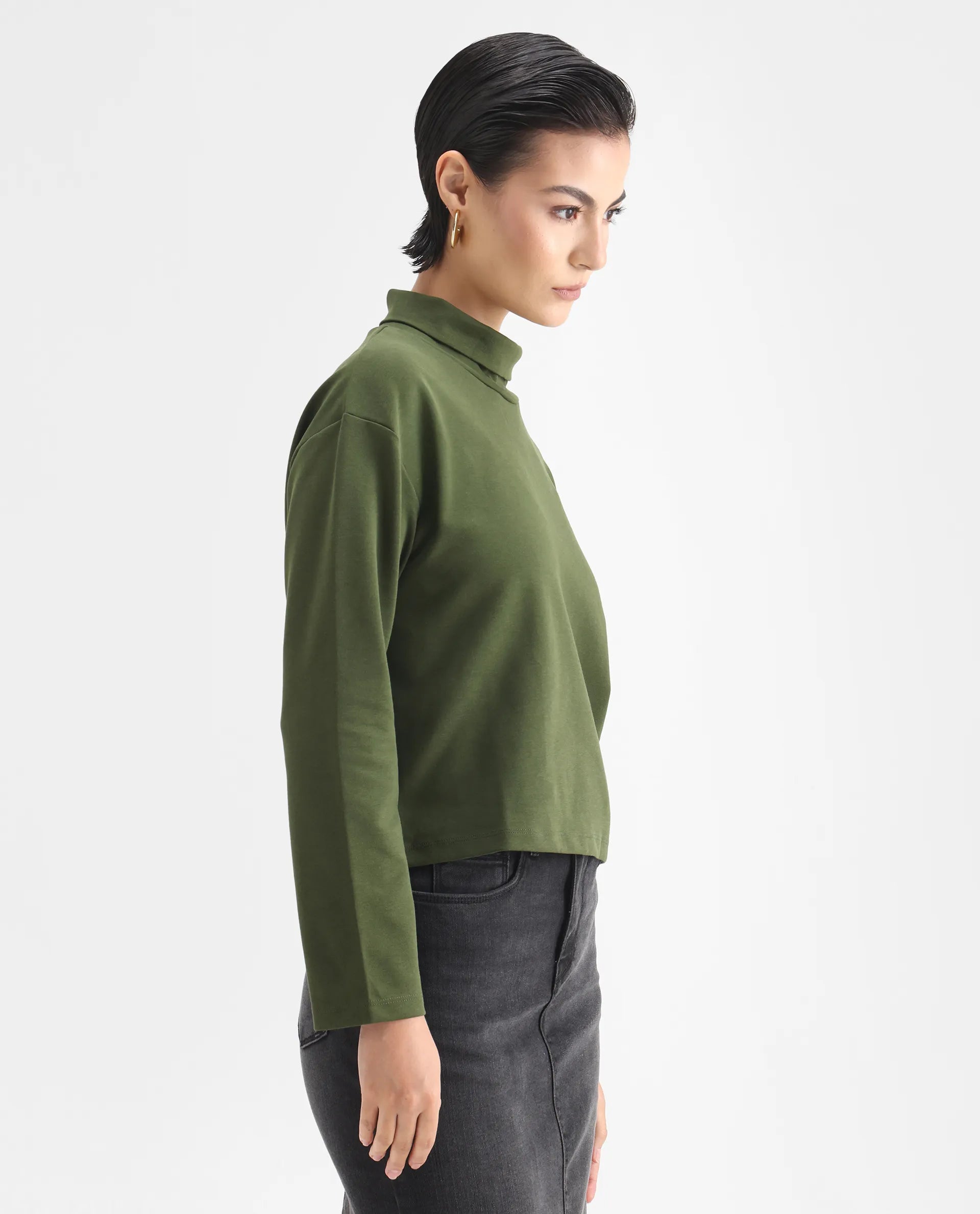 Rareism Women's Malatya Olive Cotton Blend Polo Neck Plain Slim Fit Top