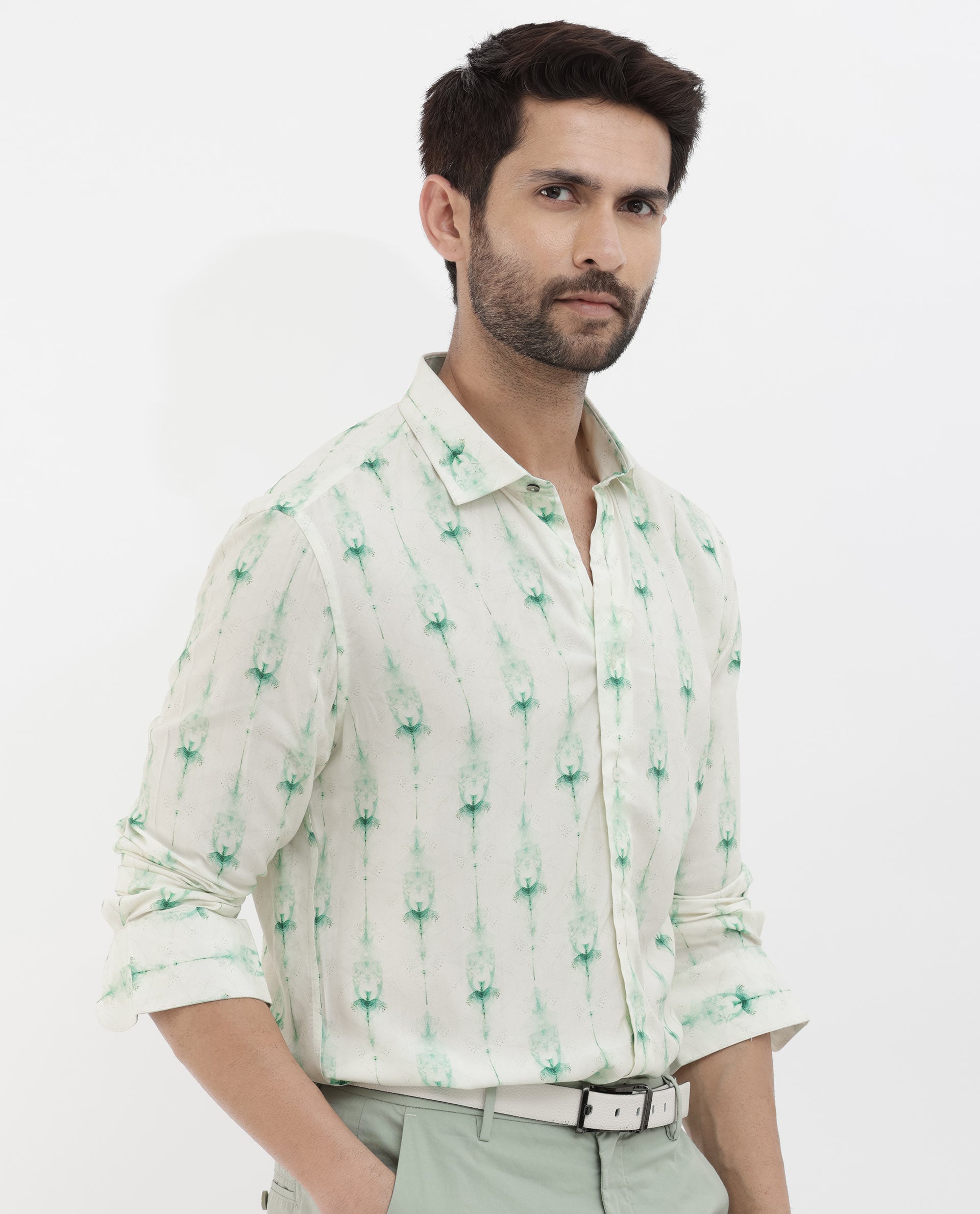 Rare Rabbit Men's Mallard Light Green Viscose Fabric Full Sleeves Abstract Print Shirt