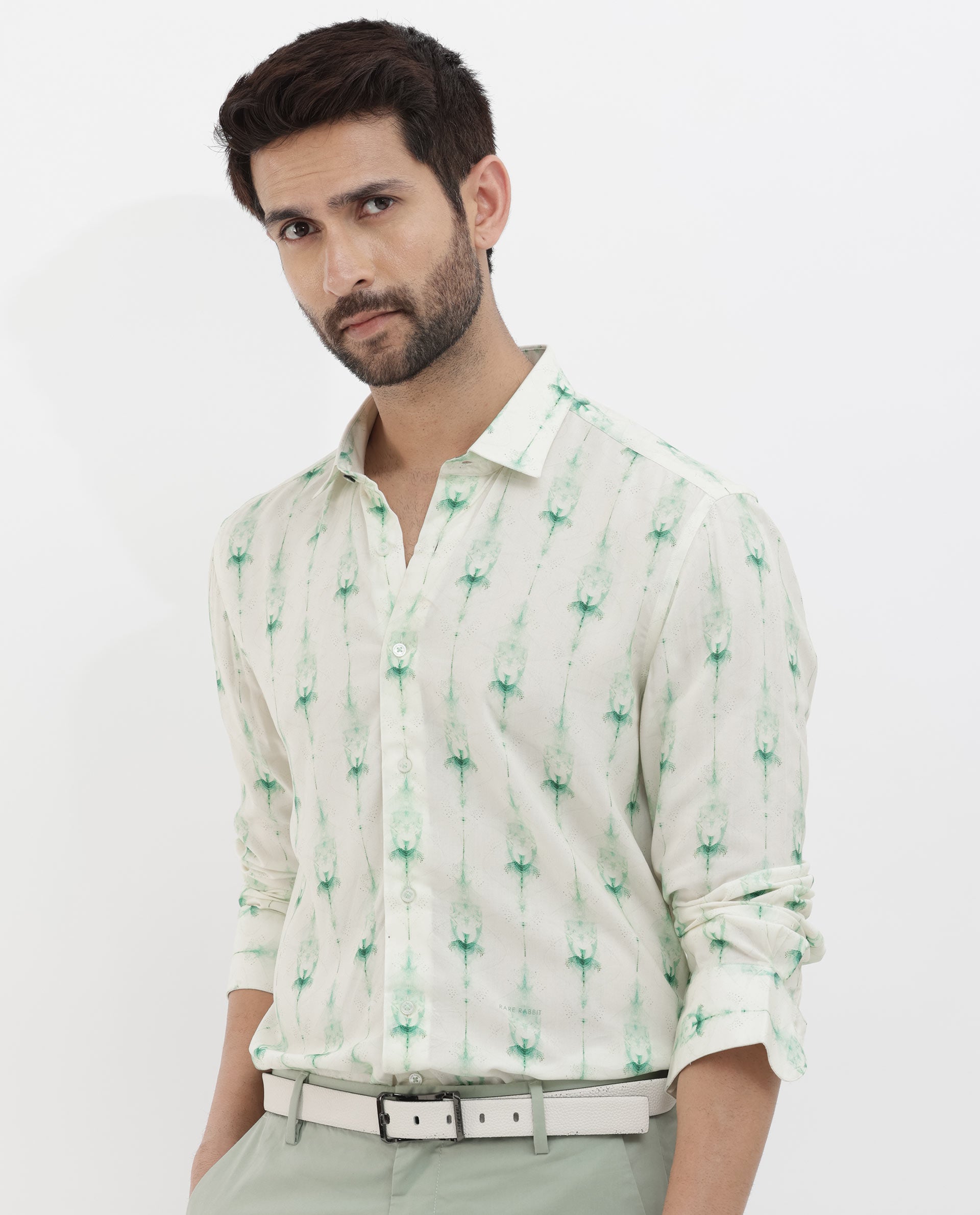 Rare Rabbit Men's Mallard Light Green Viscose Fabric Full Sleeves Abstract Print Shirt