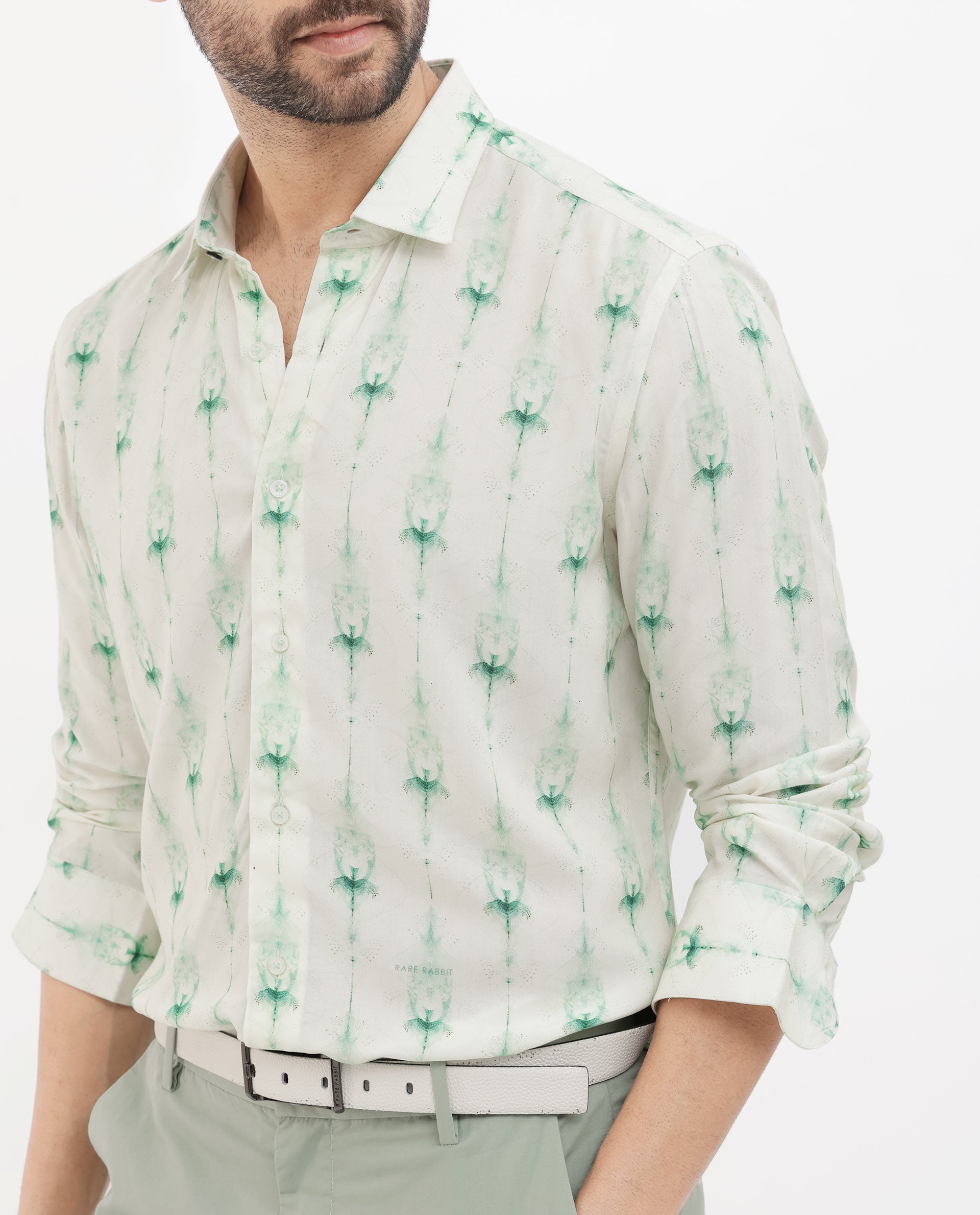 Rare Rabbit Men's Mallard Light Green Viscose Fabric Full Sleeves Abstract Print Shirt
