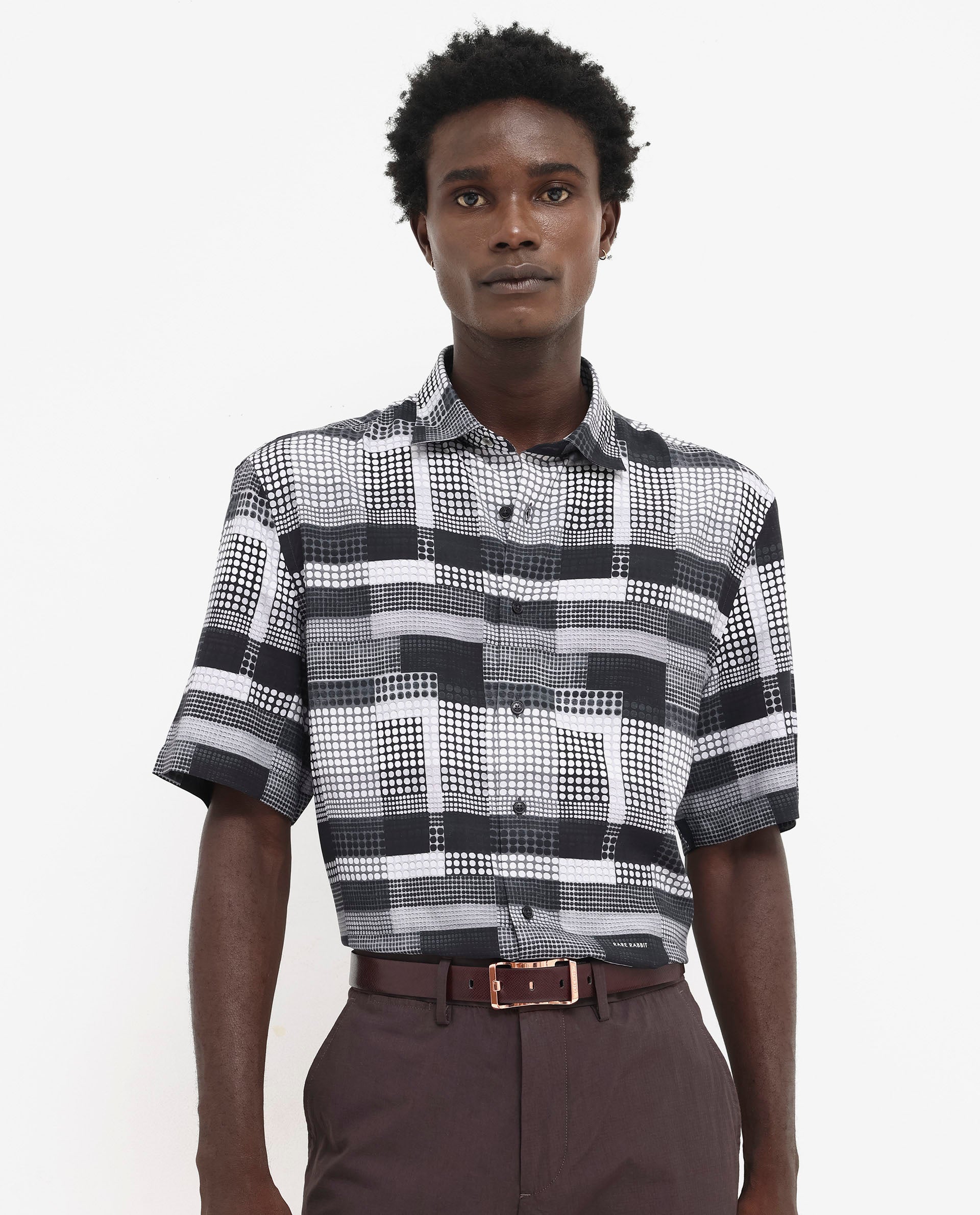 Rare Rabbit Men's Mallor Black Viscose Fabric Short Sleeve Boxy Fit Geometric Print Shirt