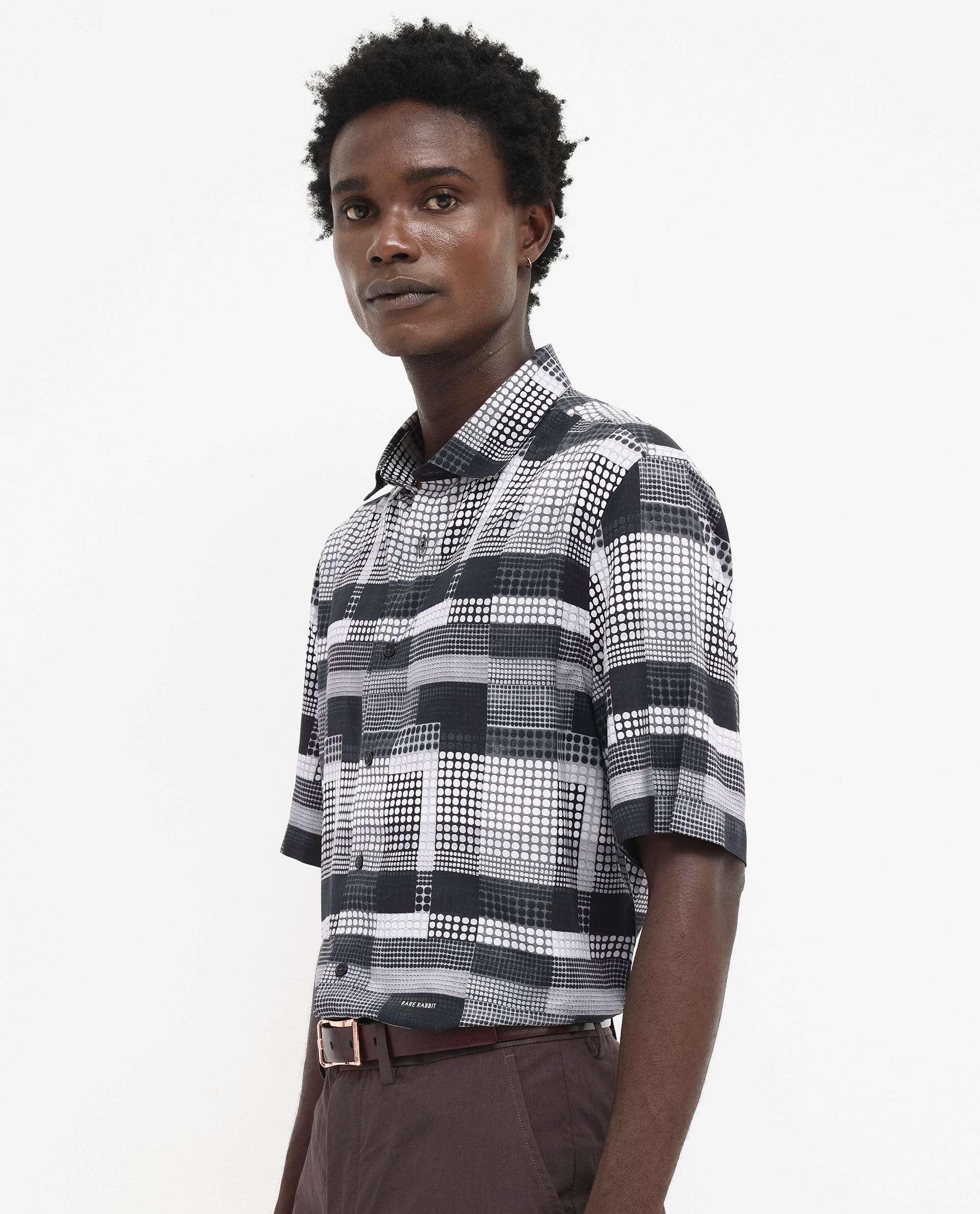 Rare Rabbit Men's Mallor Black Viscose Fabric Short Sleeve Boxy Fit Geometric Print Shirt