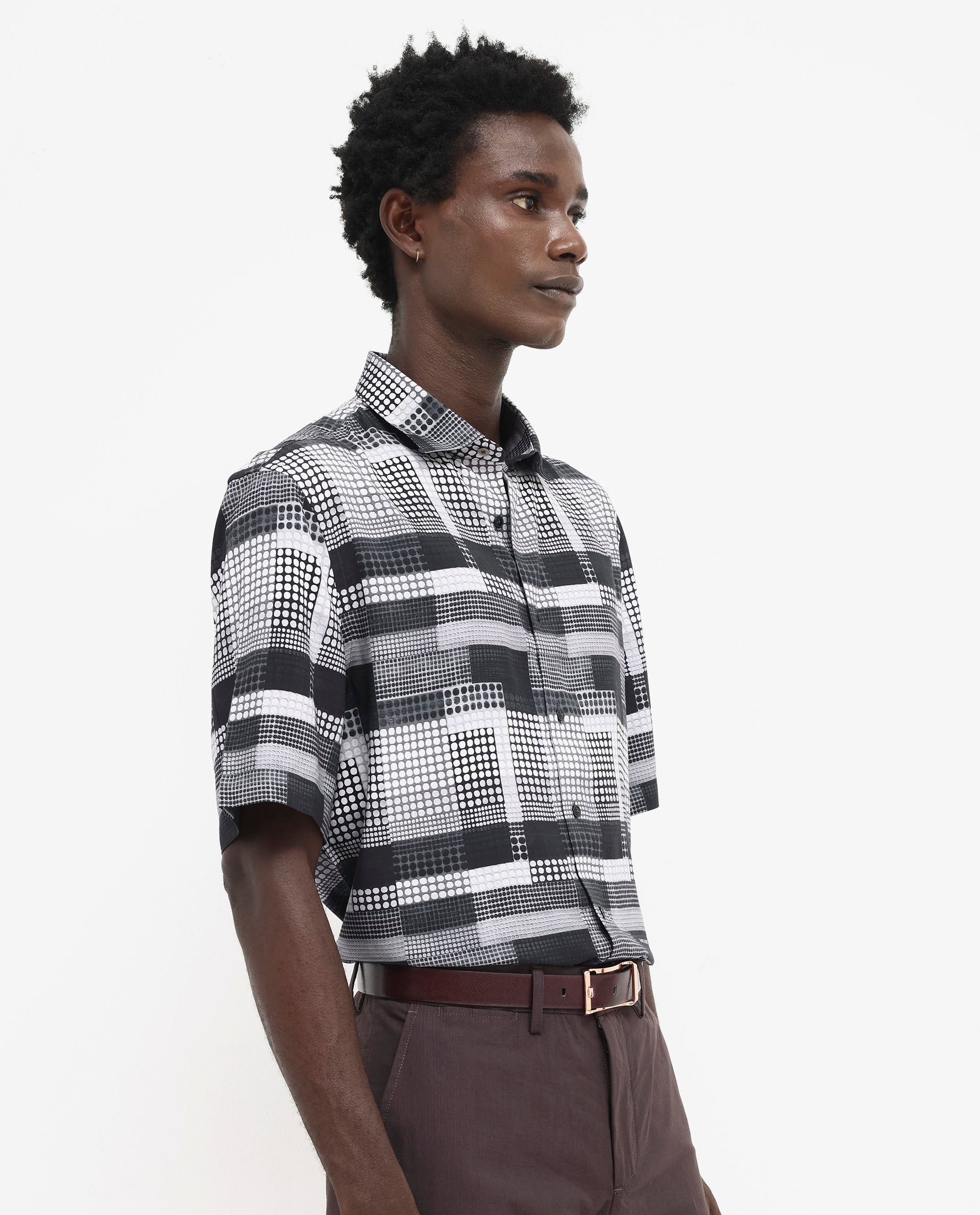 Rare Rabbit Men's Mallor Black Viscose Fabric Short Sleeve Boxy Fit Geometric Print Shirt