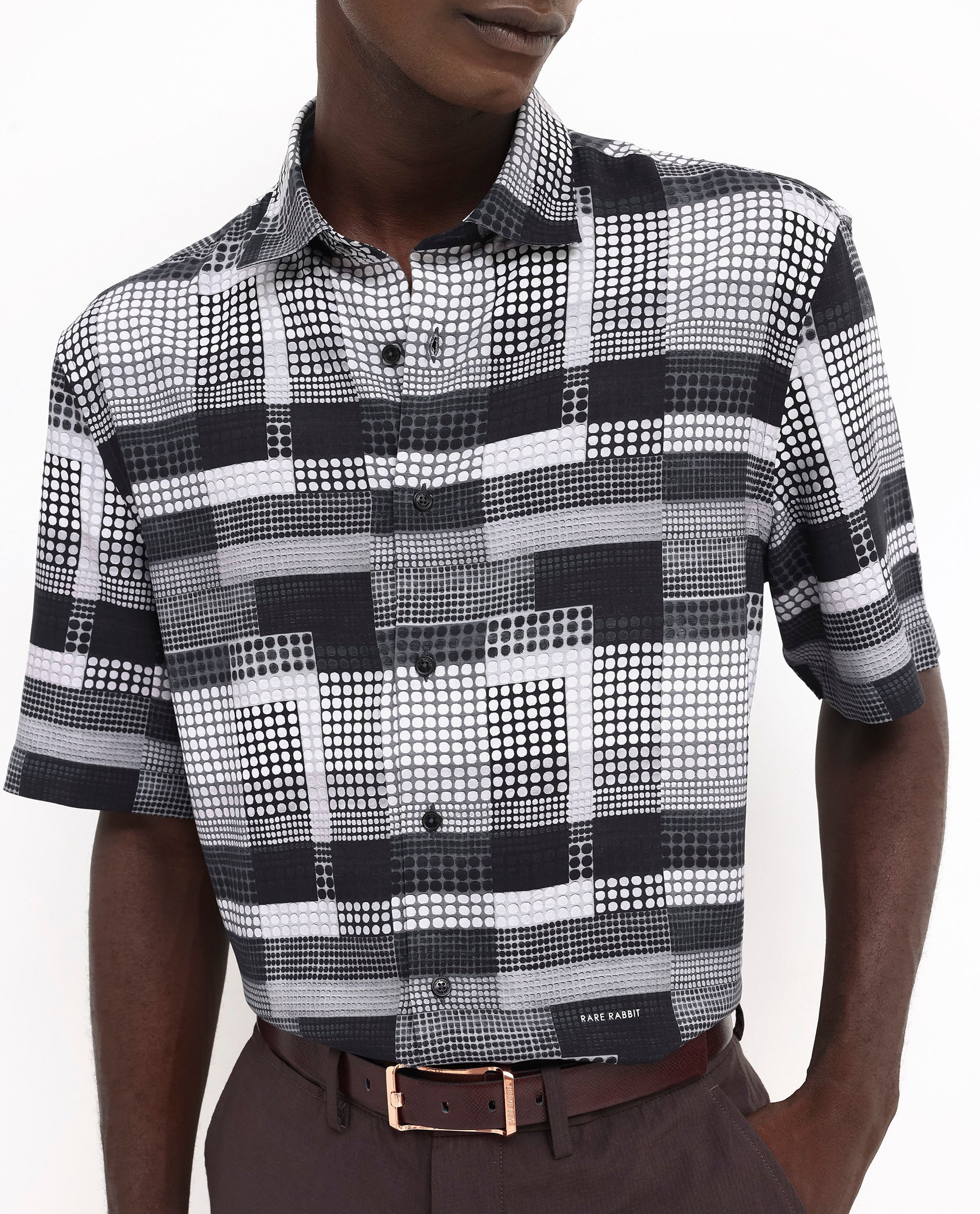 Rare Rabbit Men's Mallor Black Viscose Fabric Short Sleeve Boxy Fit Geometric Print Shirt