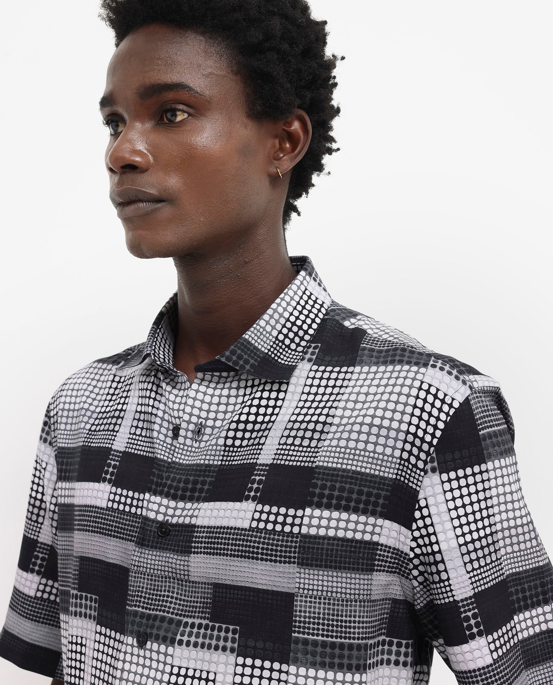 Rare Rabbit Men's Mallor Black Viscose Fabric Short Sleeve Boxy Fit Geometric Print Shirt