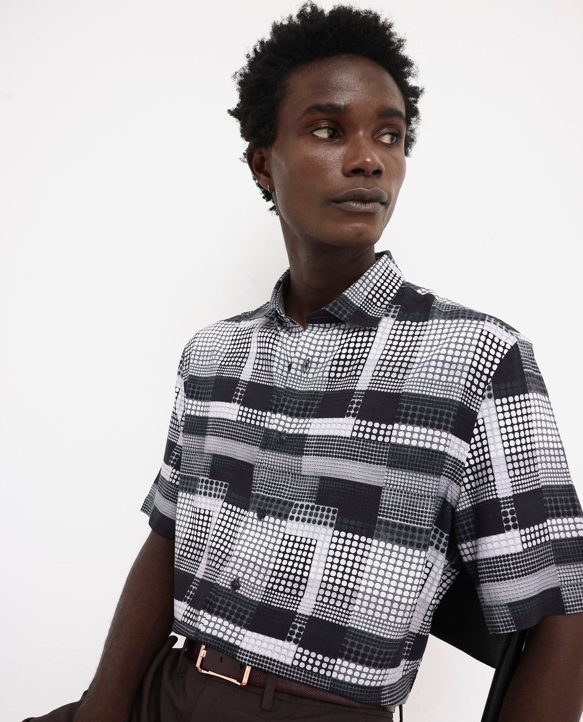 Rare Rabbit Men's Mallor Black Viscose Fabric Short Sleeve Boxy Fit Geometric Print Shirt