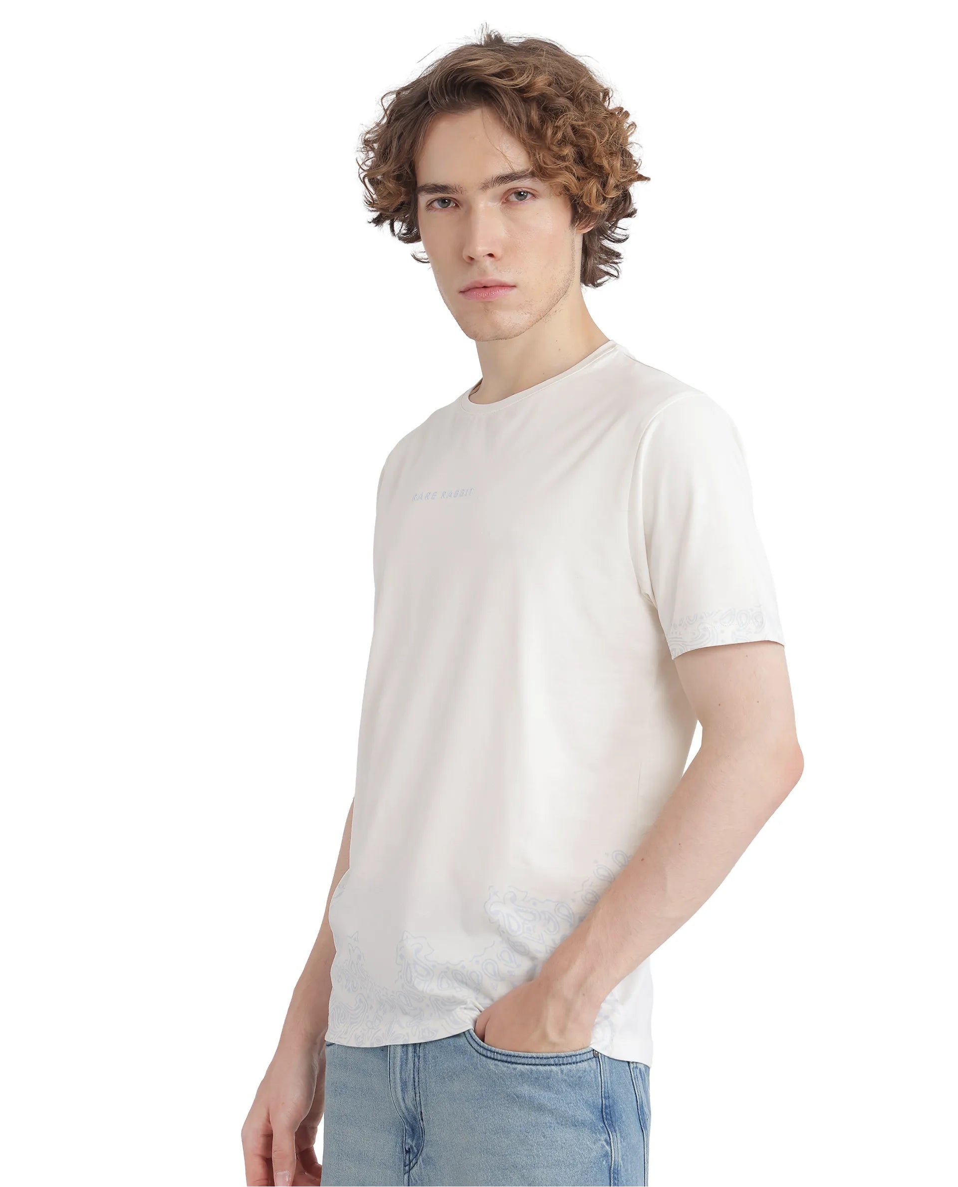 Rare Rabbit Men's Malon Off White Cotton Fabric Half Sleeve Crew Neck Regular Fit Paisley Print T-Shirt