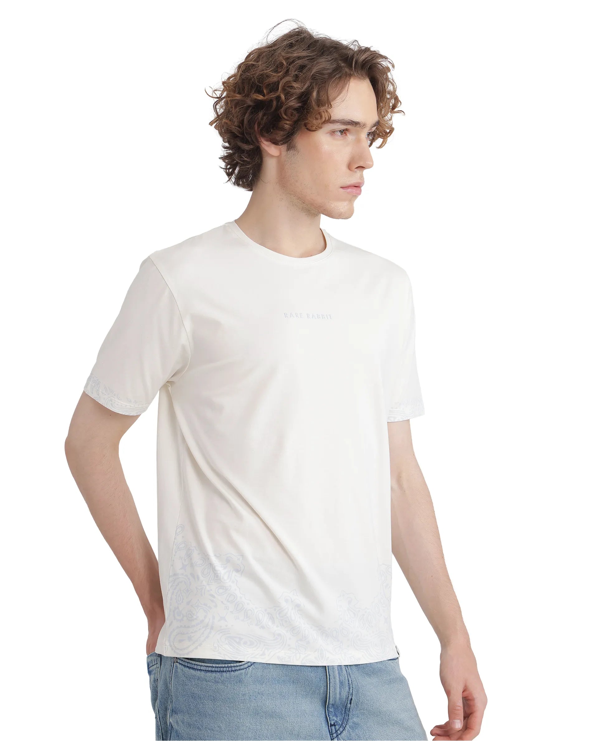 Rare Rabbit Men's Malon Off White Cotton Fabric Half Sleeve Crew Neck Regular Fit Paisley Print T-Shirt