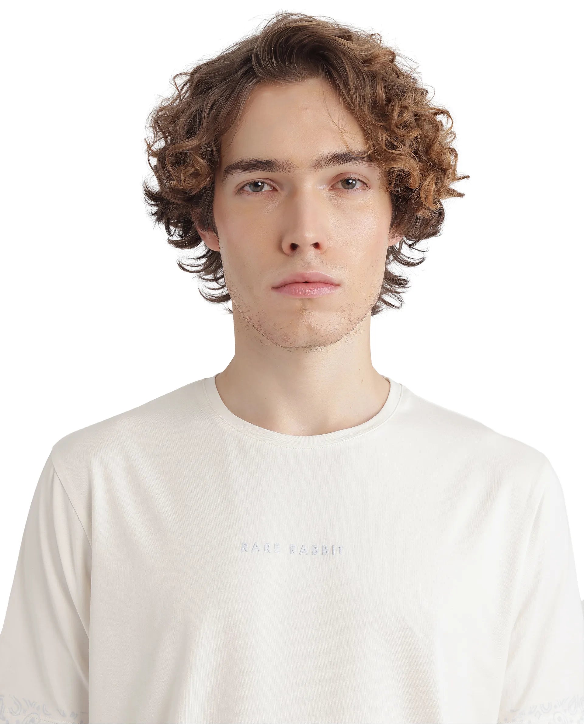 Rare Rabbit Men's Malon Off White Cotton Fabric Half Sleeve Crew Neck Regular Fit Paisley Print T-Shirt