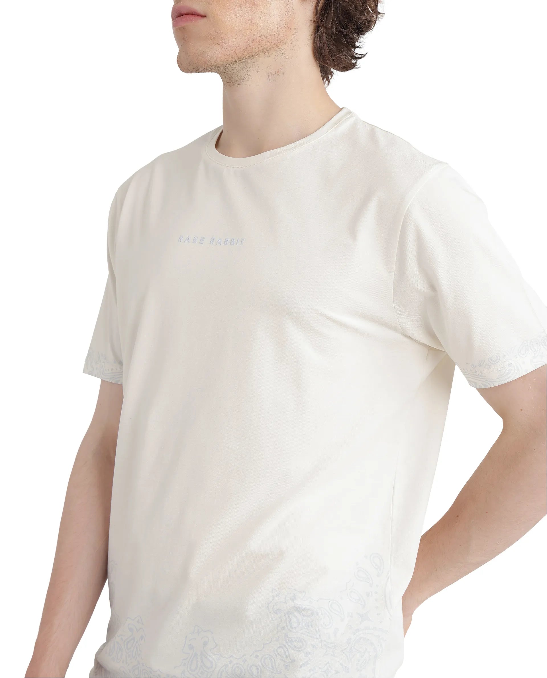 Rare Rabbit Men's Malon Off White Cotton Fabric Half Sleeve Crew Neck Regular Fit Paisley Print T-Shirt