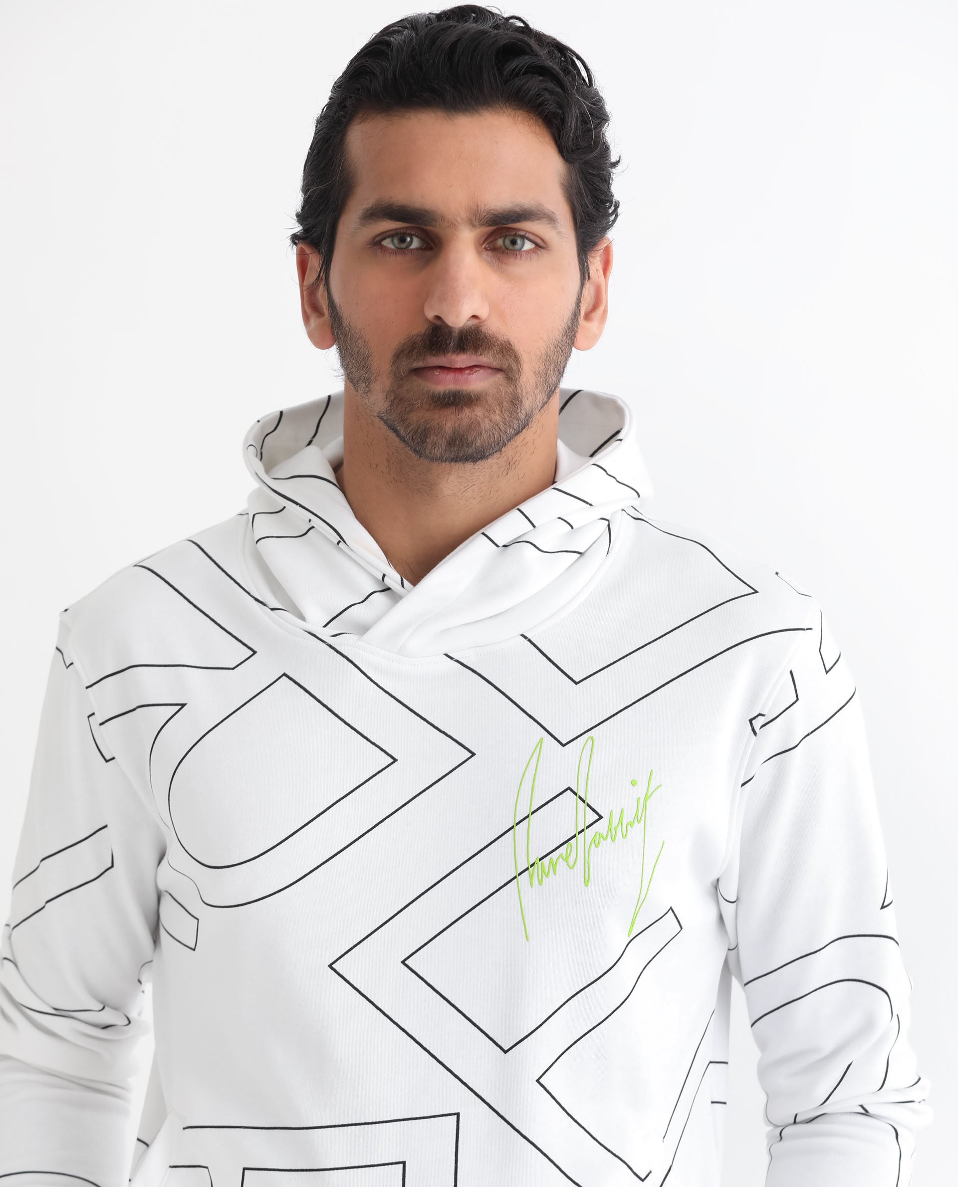 Rare Rabbit Mens Mamoth White Sweatshirt Cotton Polyester Terry Fabric Hooded Neck Knitted Full Sleeves Comfortable Fit