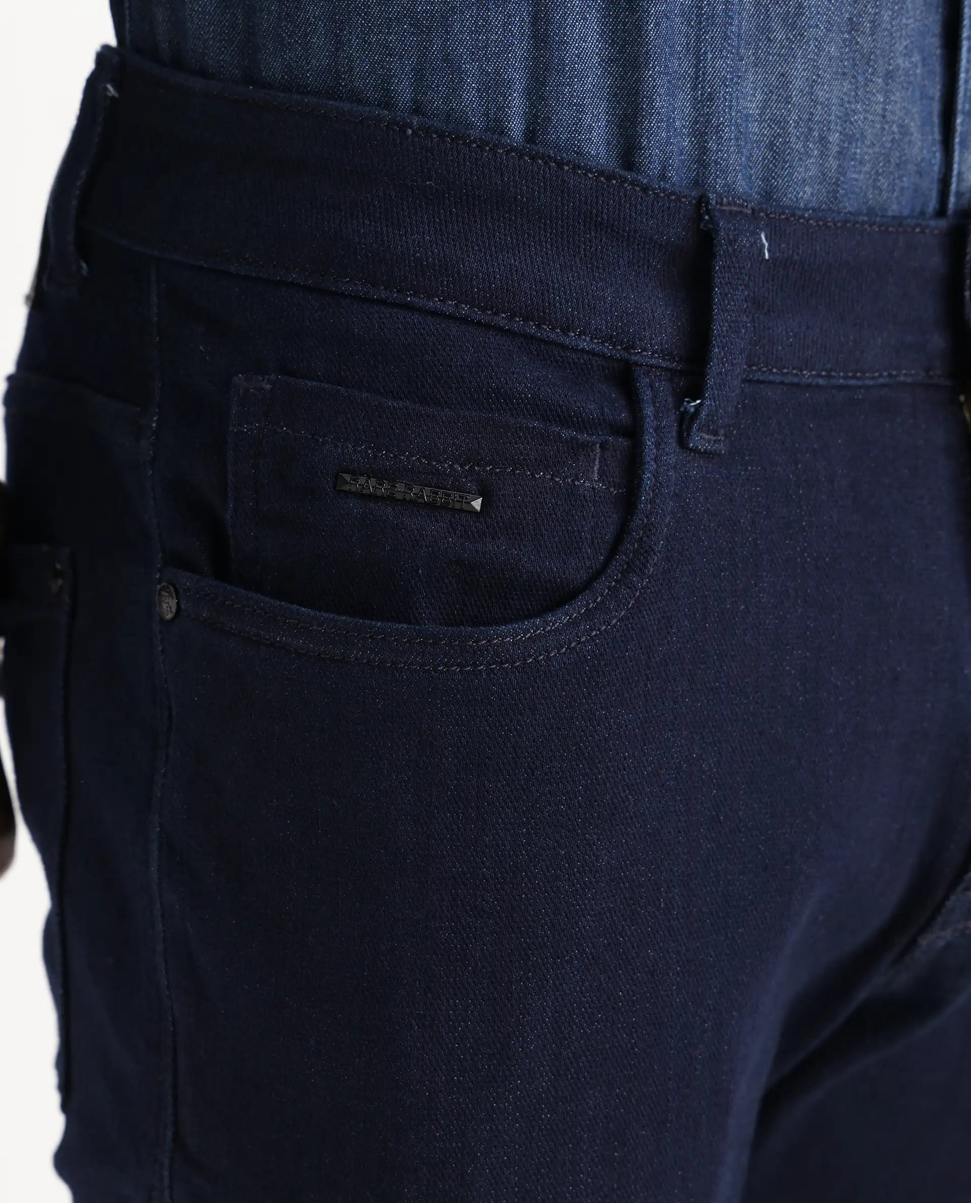Rare Rabbit Men's Manado Dark Navy Cotton Blend Plain Hawk Slim Fit Jeans
