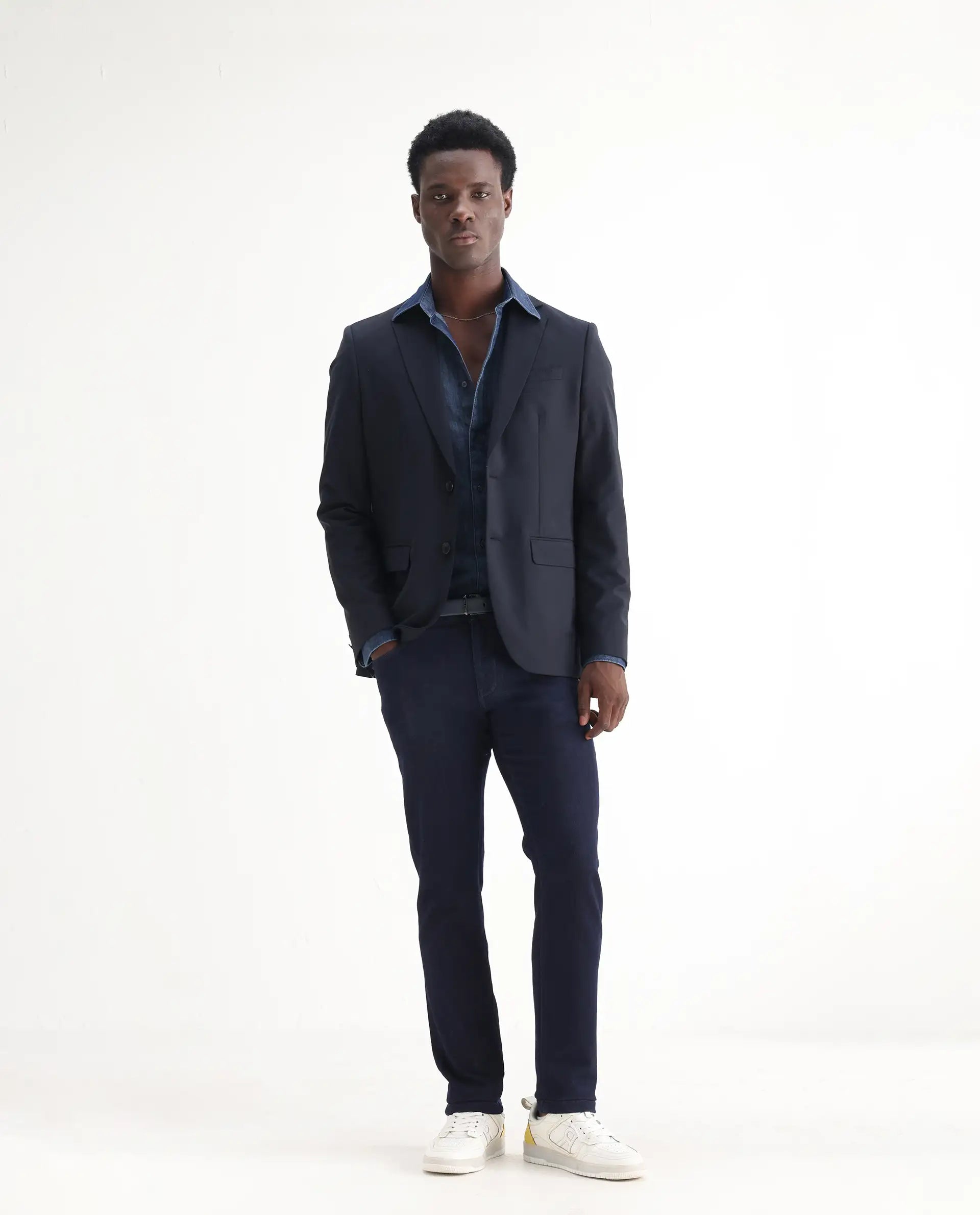 Rare Rabbit Men's Manado Dark Navy Cotton Blend Plain Hawk Slim Fit Jeans