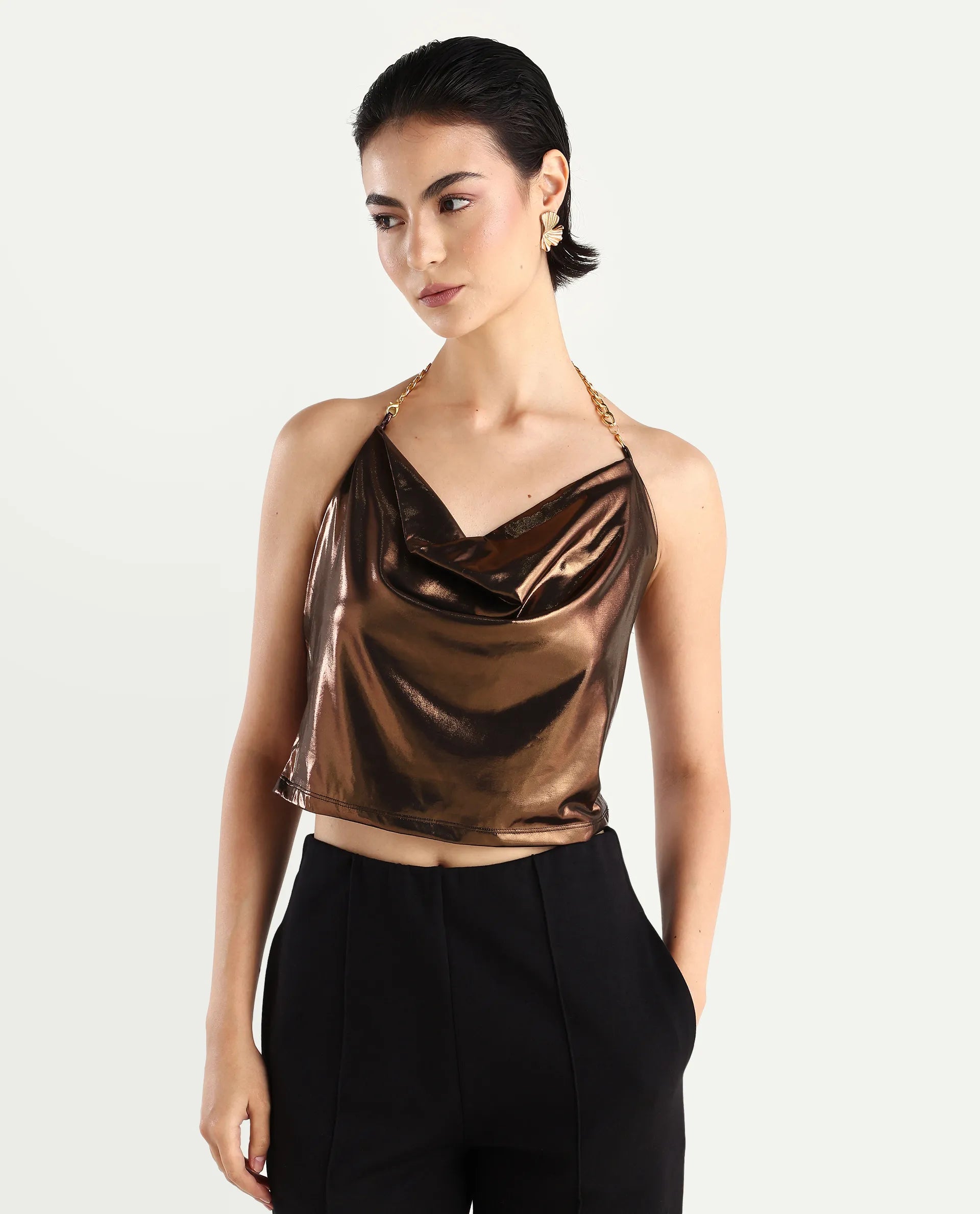 Rareism Women's Manda Metallic Brown Polyester Cowl Neck Plain Sleeveless Crop Fitted Top