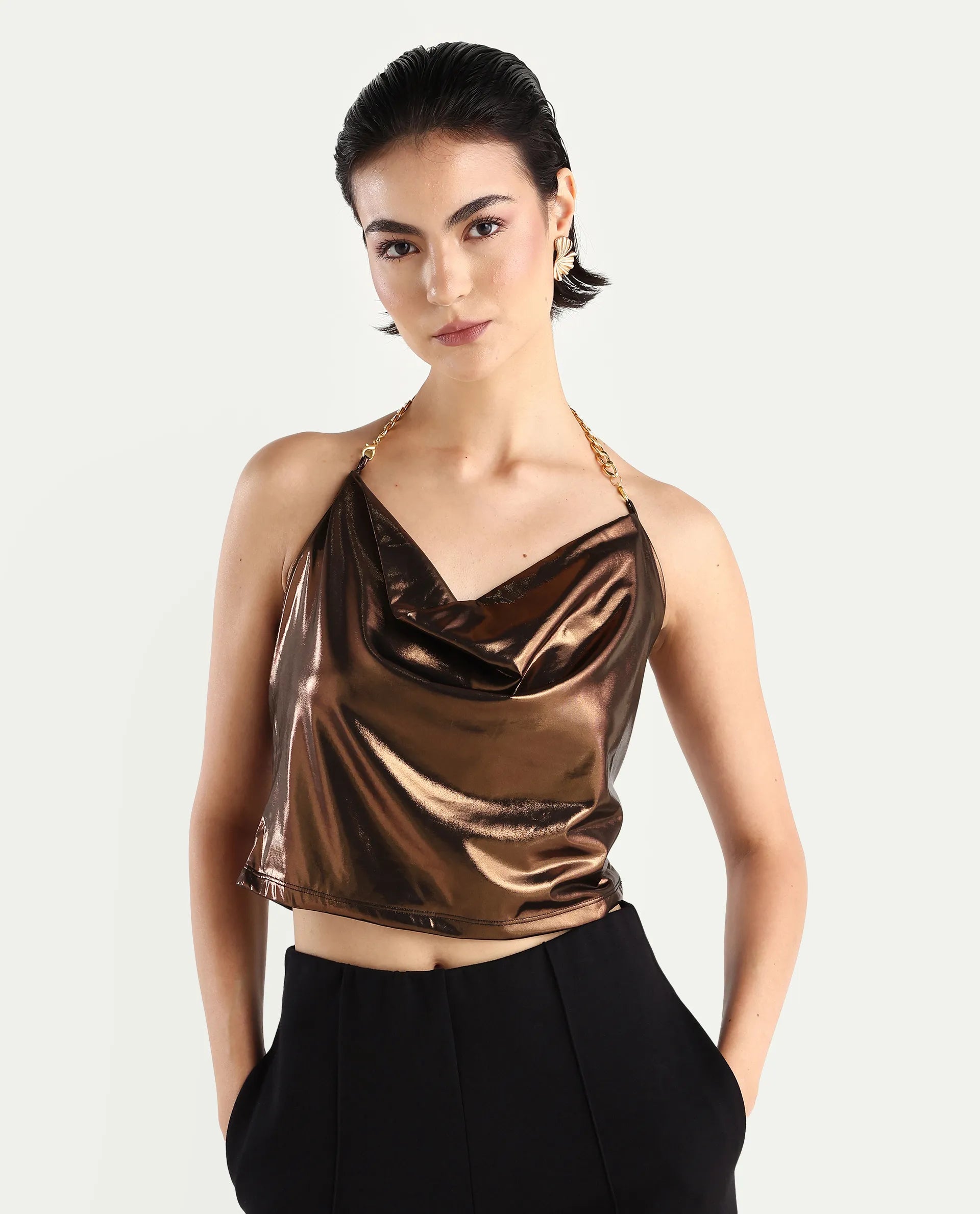 Rareism Women's Manda Metallic Brown Polyester Cowl Neck Plain Sleeveless Crop Fitted Top