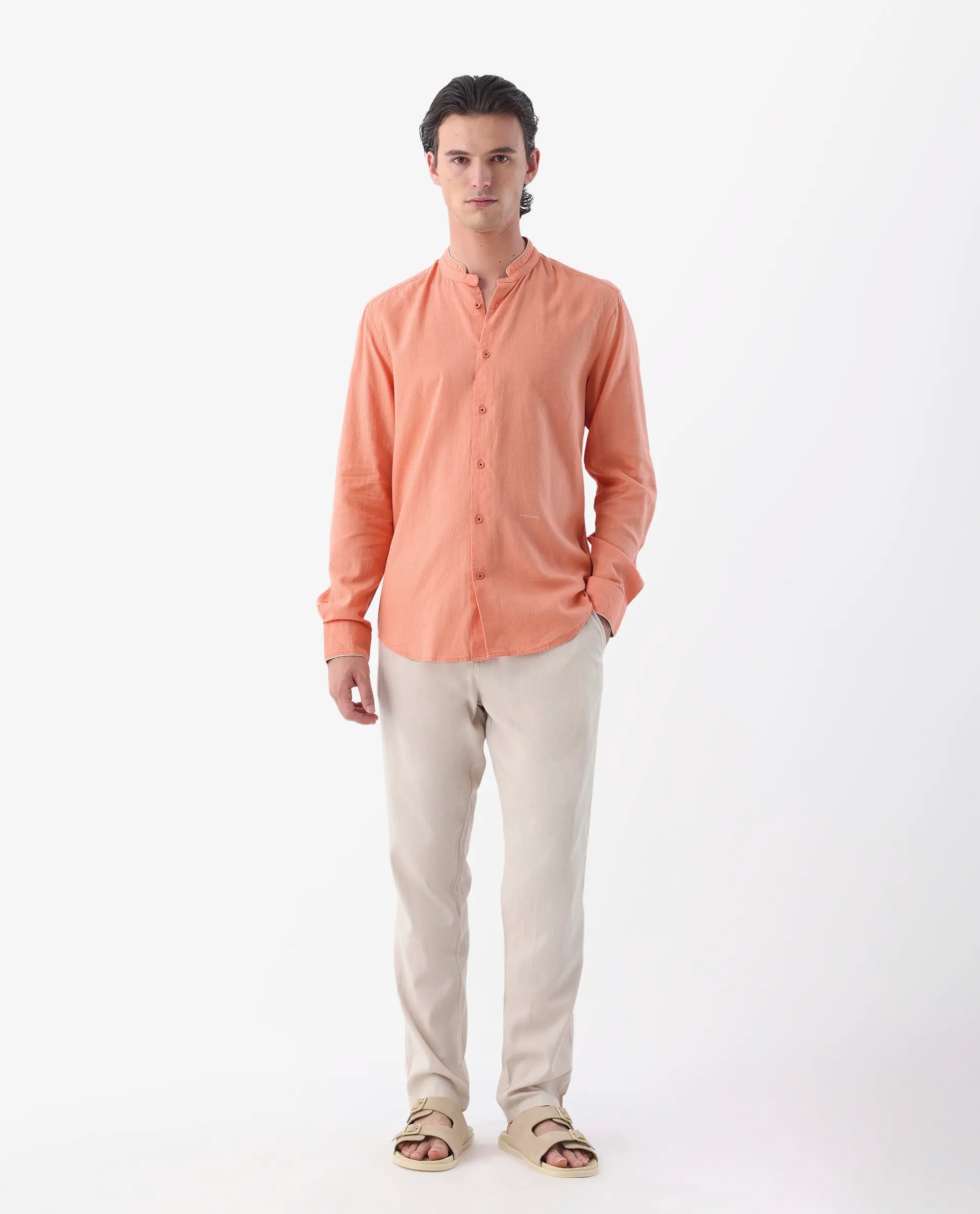 Rare Rabbit Men's Manderin Orange 100% Linen Plain Regular Fit Full Sleeve Mandarin Collar Shirt