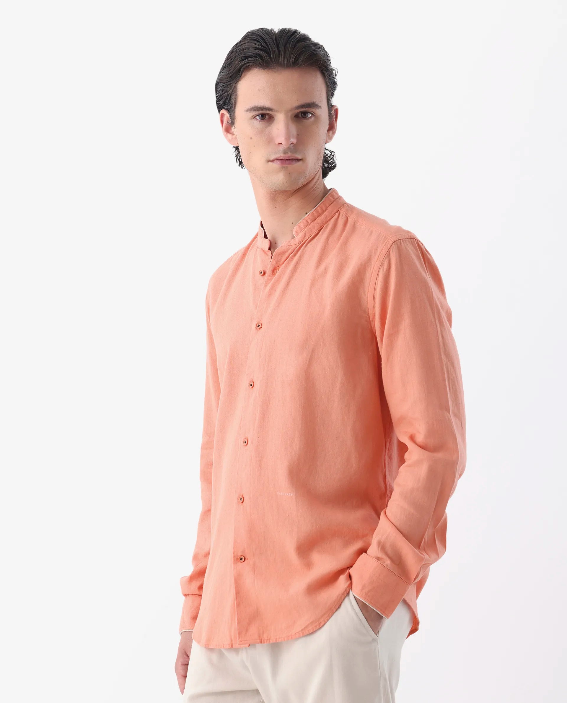 Rare Rabbit Men's Manderin Orange 100% Linen Plain Regular Fit Full Sleeve Mandarin Collar Shirt