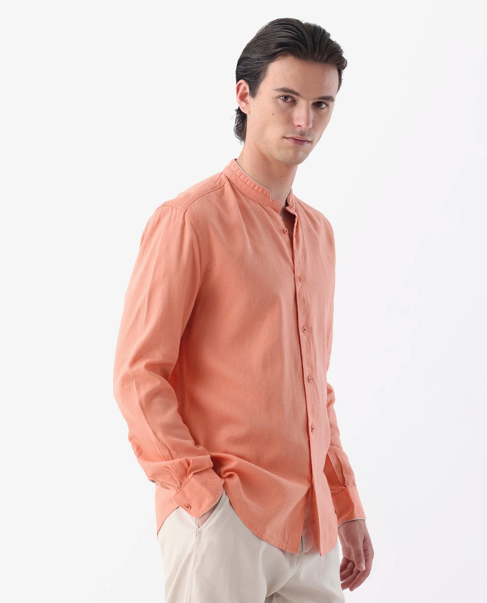 Rare Rabbit Men's Manderin Orange 100% Linen Plain Regular Fit Full Sleeve Mandarin Collar Shirt