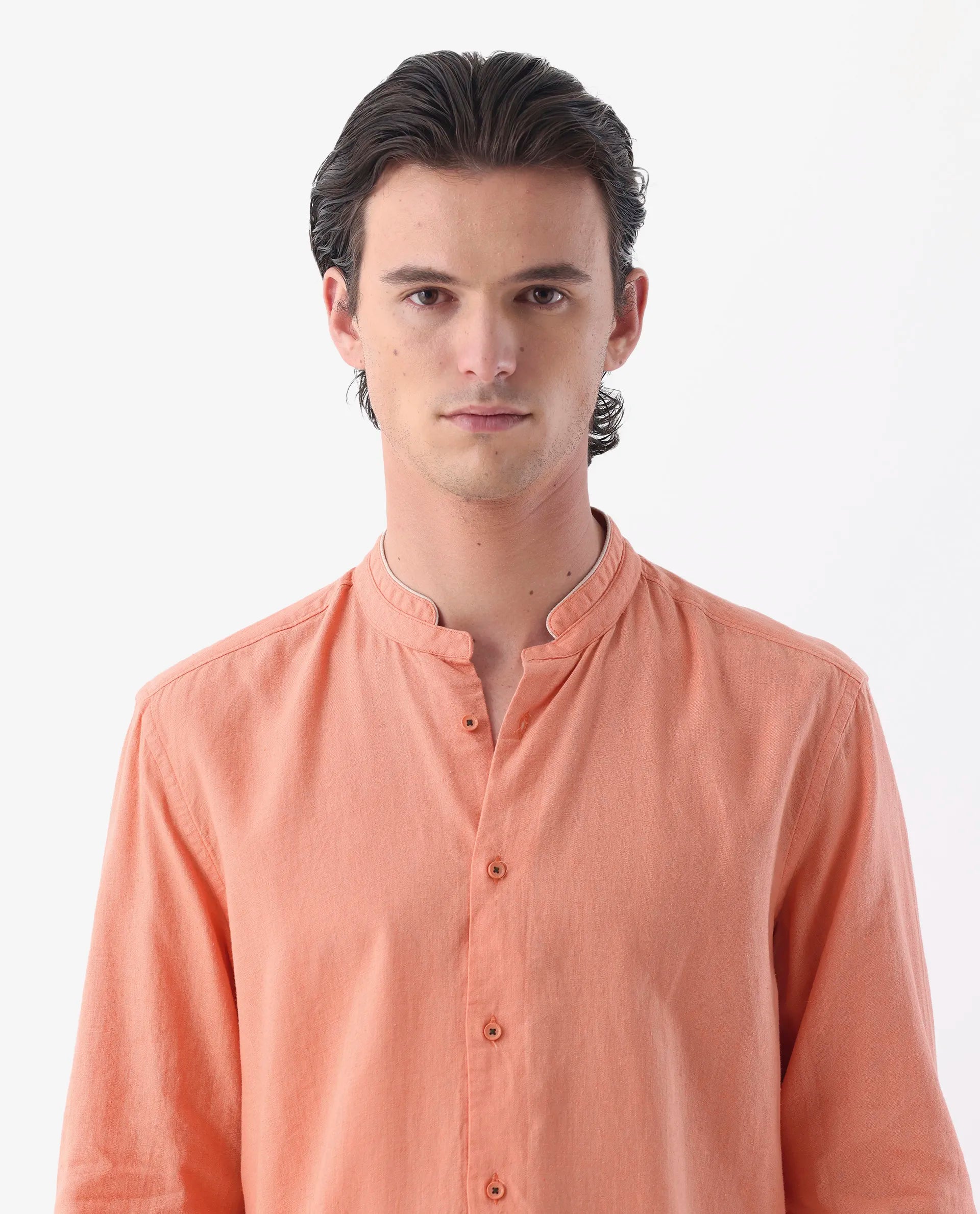 Rare Rabbit Men's Manderin Orange 100% Linen Plain Regular Fit Full Sleeve Mandarin Collar Shirt