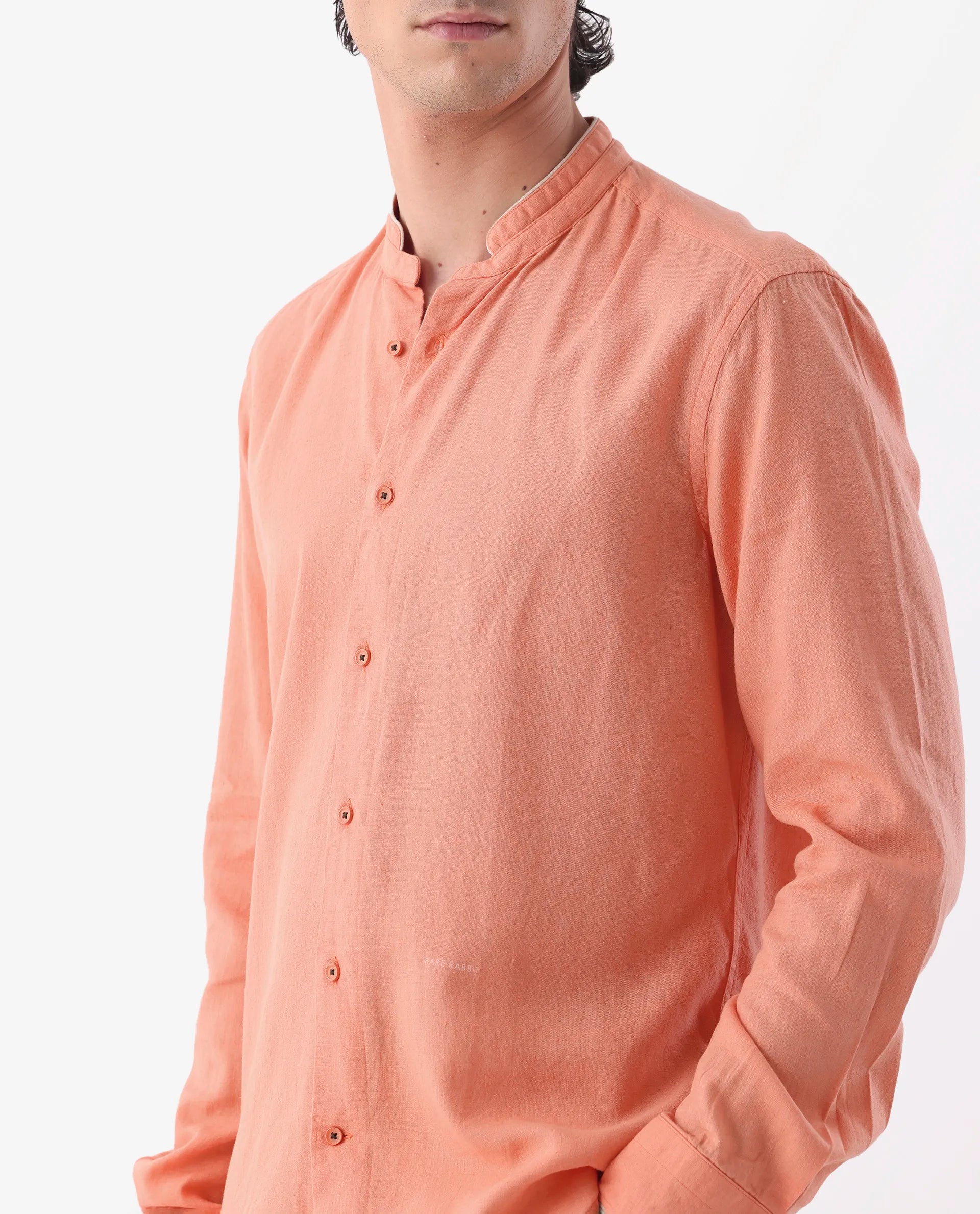 Rare Rabbit Men's Manderin Orange 100% Linen Plain Regular Fit Full Sleeve Mandarin Collar Shirt