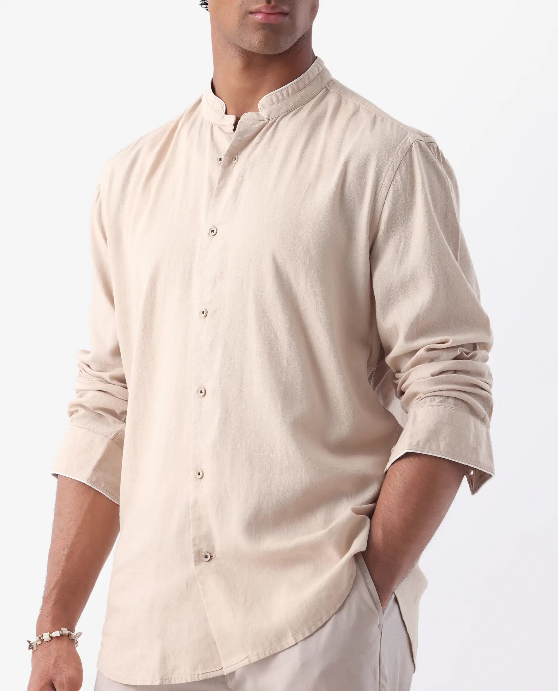 Rare Rabbit Men's Manderin Beige 100% Linen Plain Regular Fit Full Sleeve Mandarin Collar Shirt