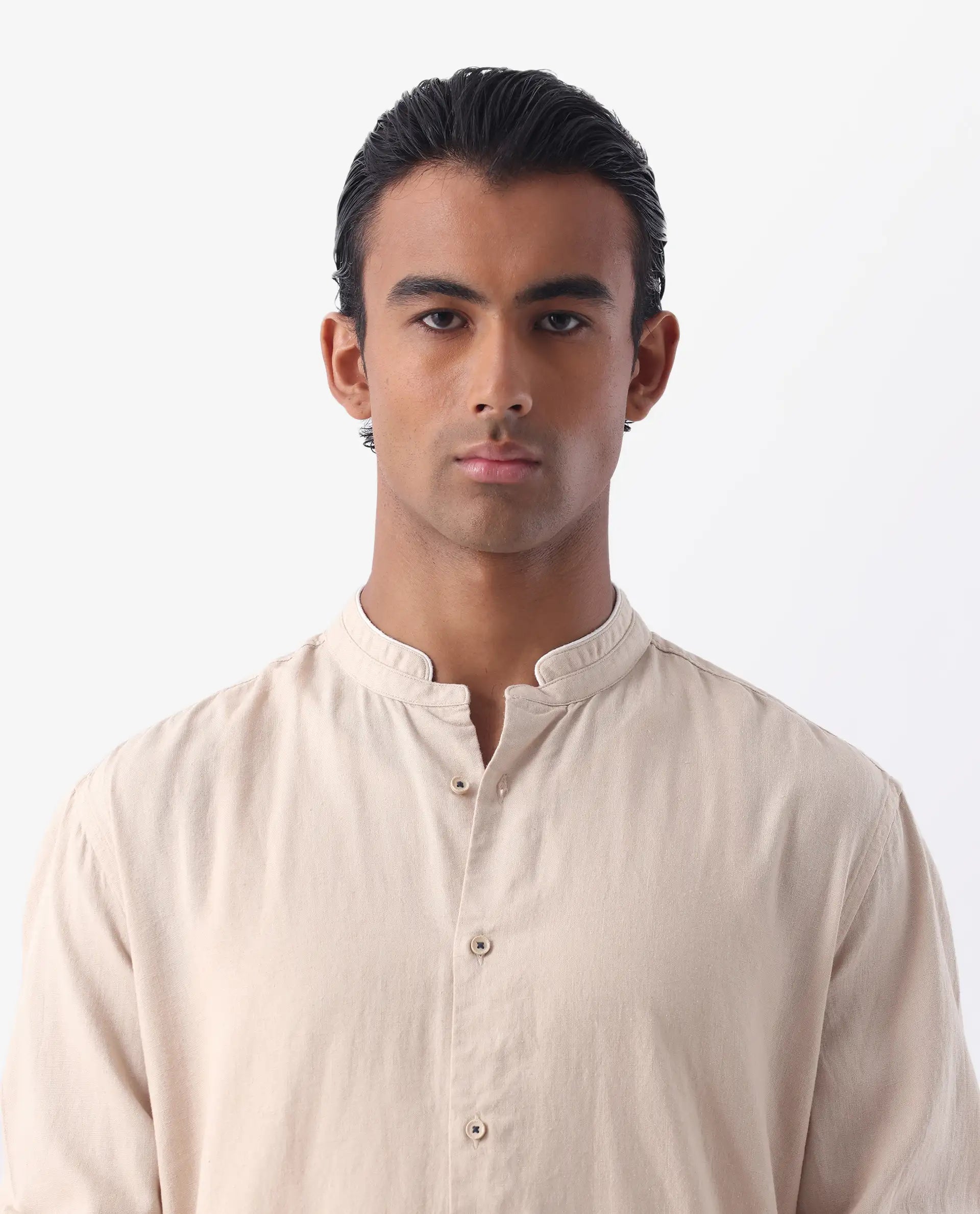 Rare Rabbit Men's Manderin Beige 100% Linen Plain Regular Fit Full Sleeve Mandarin Collar Shirt