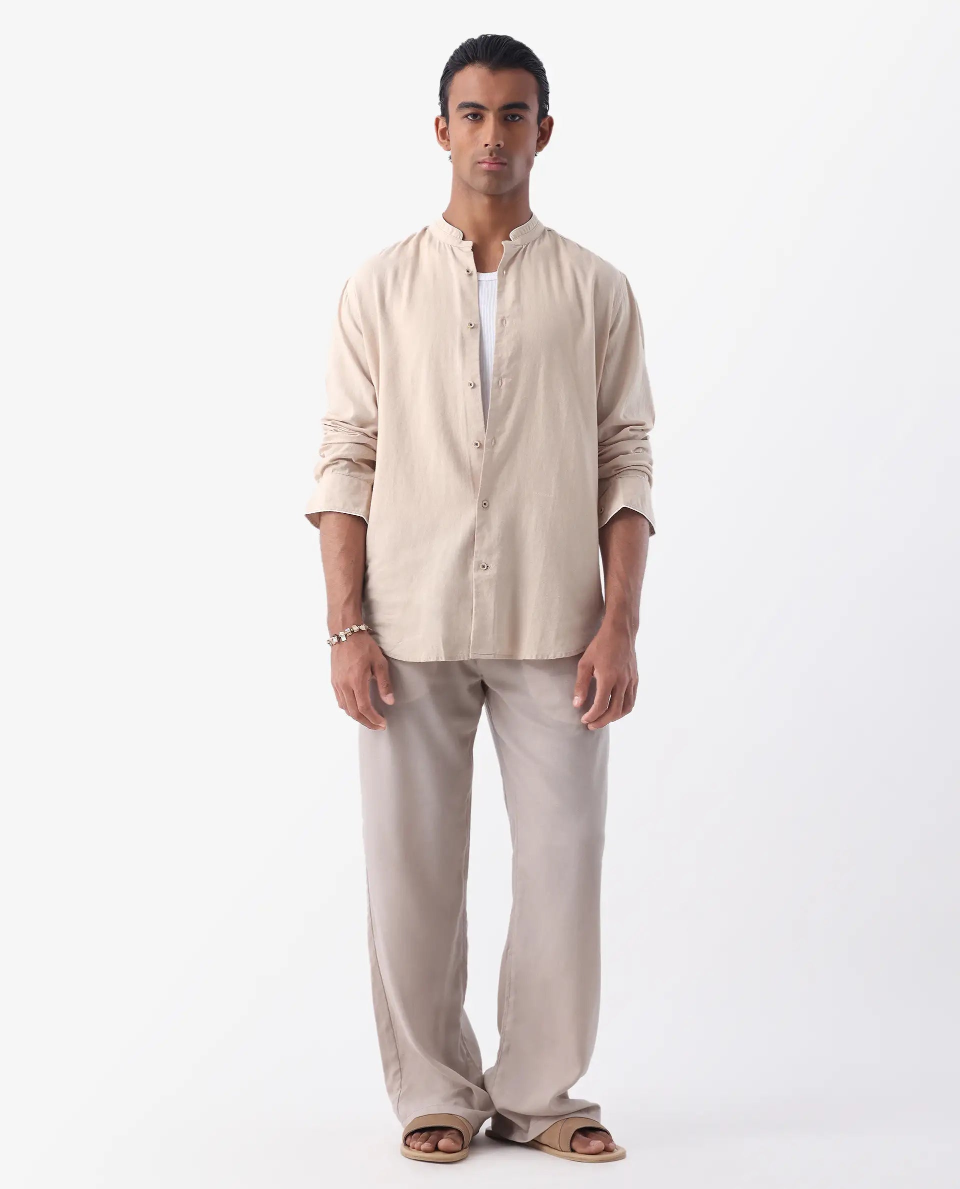 Rare Rabbit Men's Manderin Beige 100% Linen Plain Regular Fit Full Sleeve Mandarin Collar Shirt