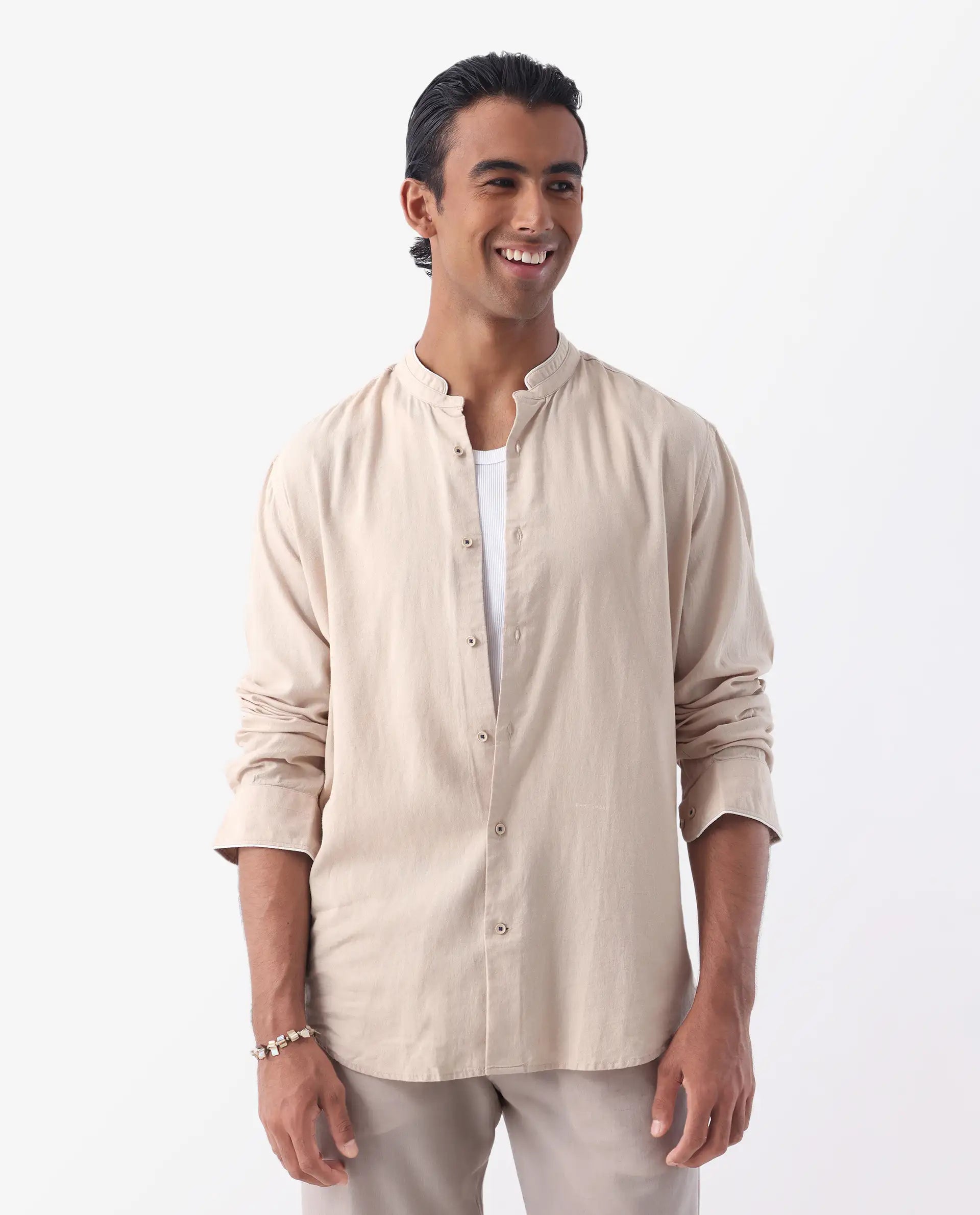 Rare Rabbit Men's Manderin Beige 100% Linen Plain Regular Fit Full Sleeve Mandarin Collar Shirt