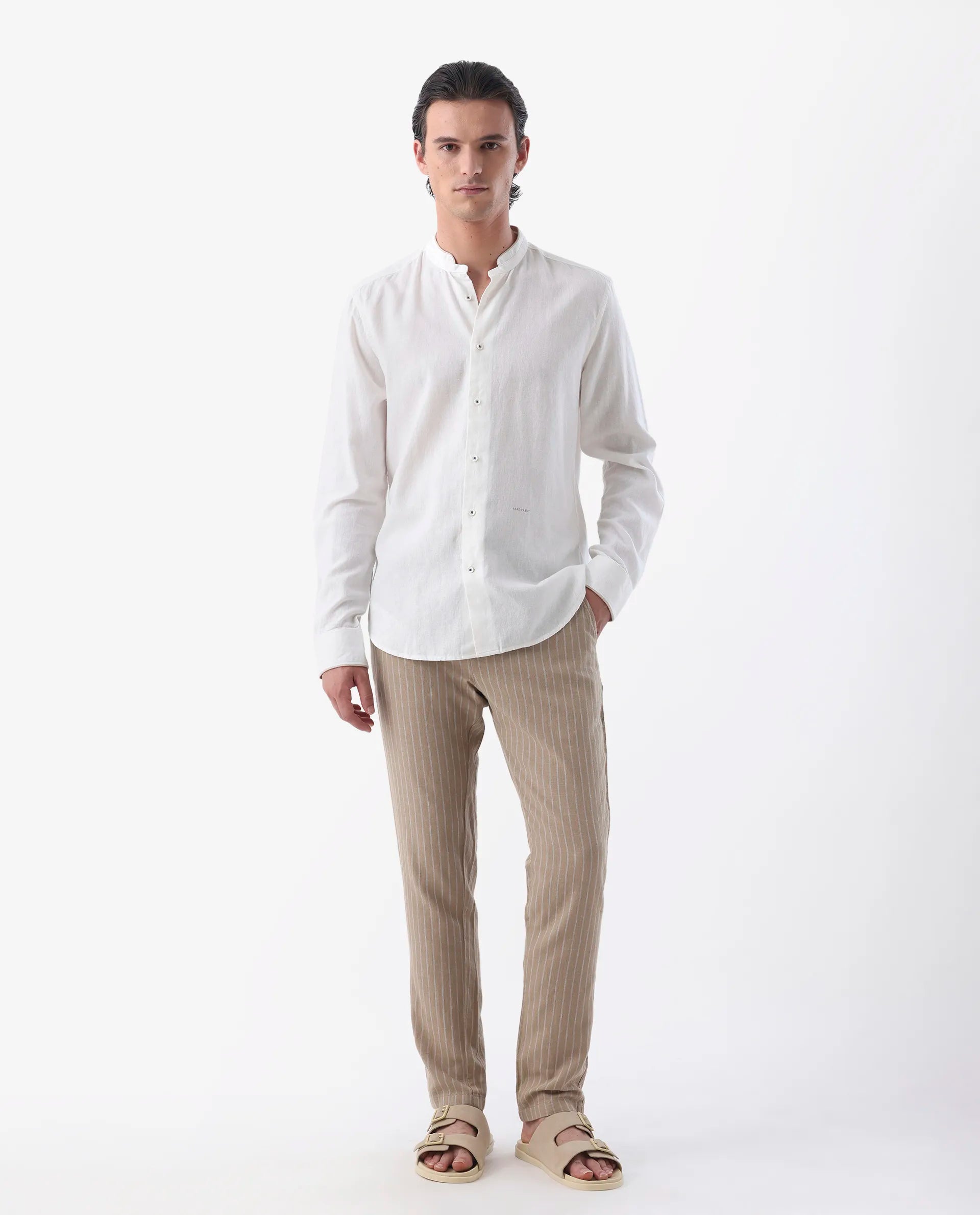 Rare Rabbit Men's Manderin White 100% Linen Plain Regular Fit Full Sleeve Mandarin Collar Shirt