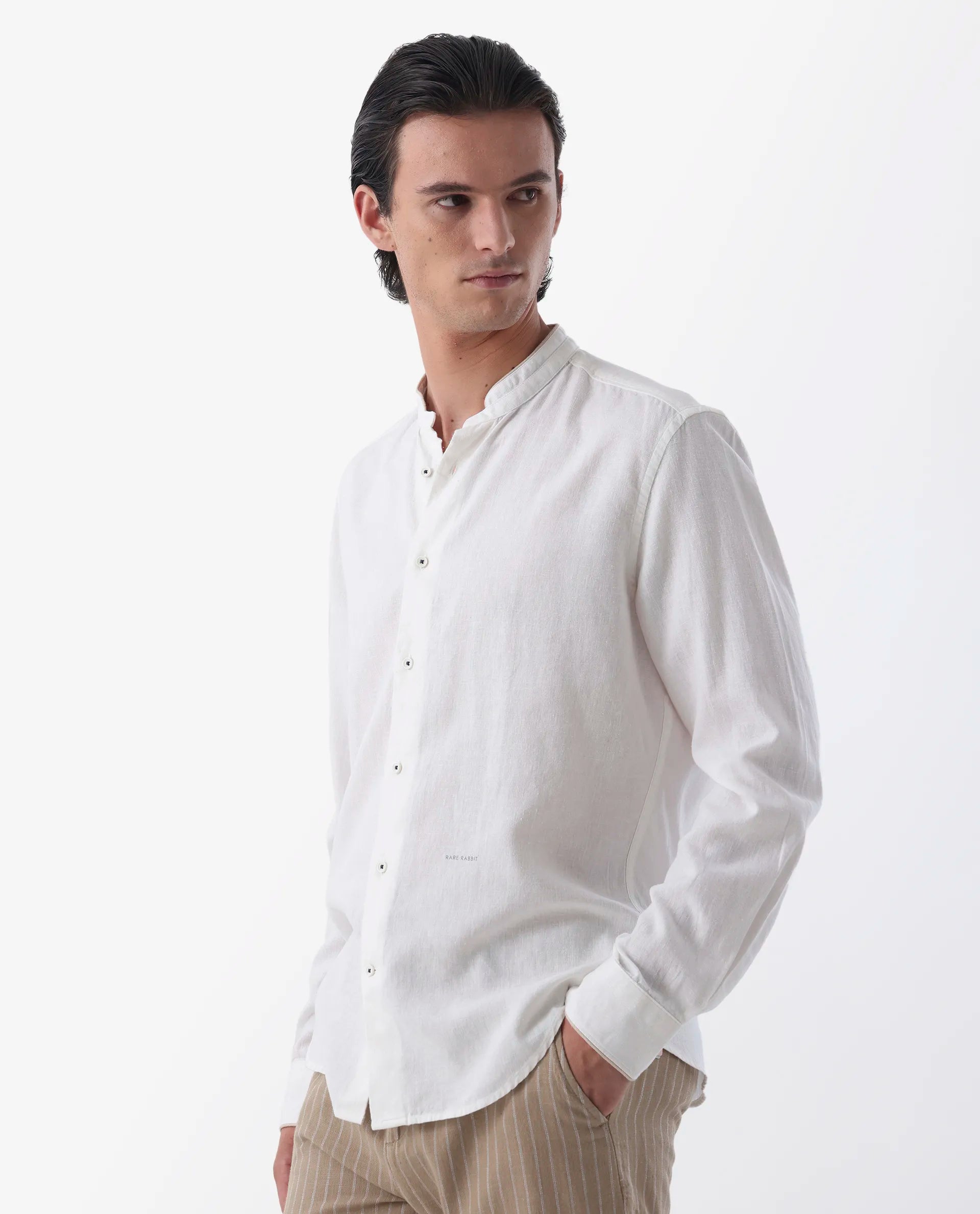 Rare Rabbit Men's Manderin White 100% Linen Plain Regular Fit Full Sleeve Mandarin Collar Shirt