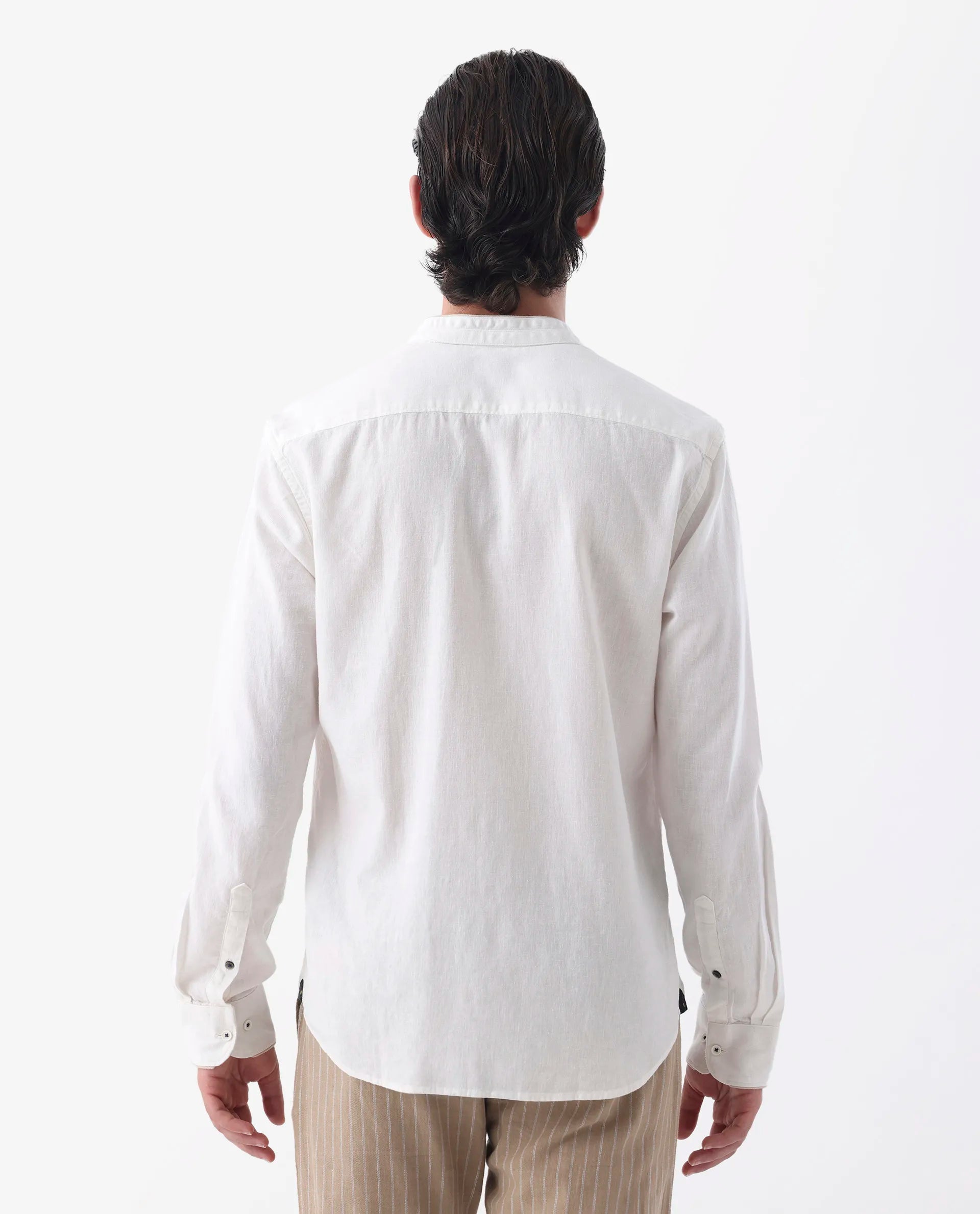 Rare Rabbit Men's Manderin White 100% Linen Plain Regular Fit Full Sleeve Mandarin Collar Shirt