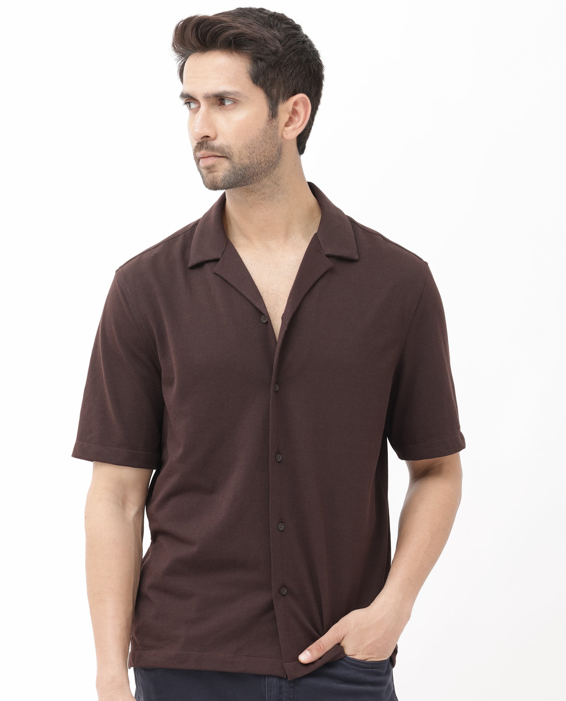 Rare Rabbit Men's Manga Dark Maroon Cotton Polyester Fabric Blend Cuban Collar Half Sleeves Boxy Fit Solid Knitted Shirt