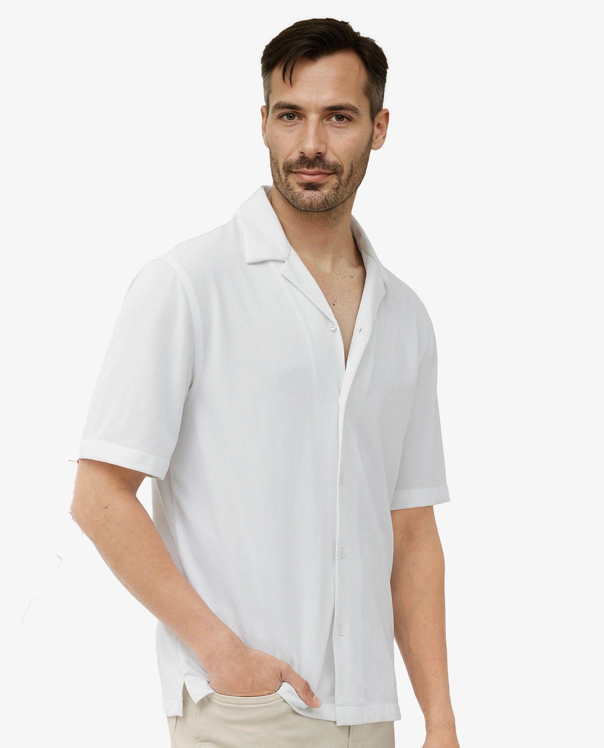 Rare Rabbit Men's Manga White Cotton Polyester Fabric Blend Cuban Collar Half Sleeves Boxy Fit Solid Knitted Shirt