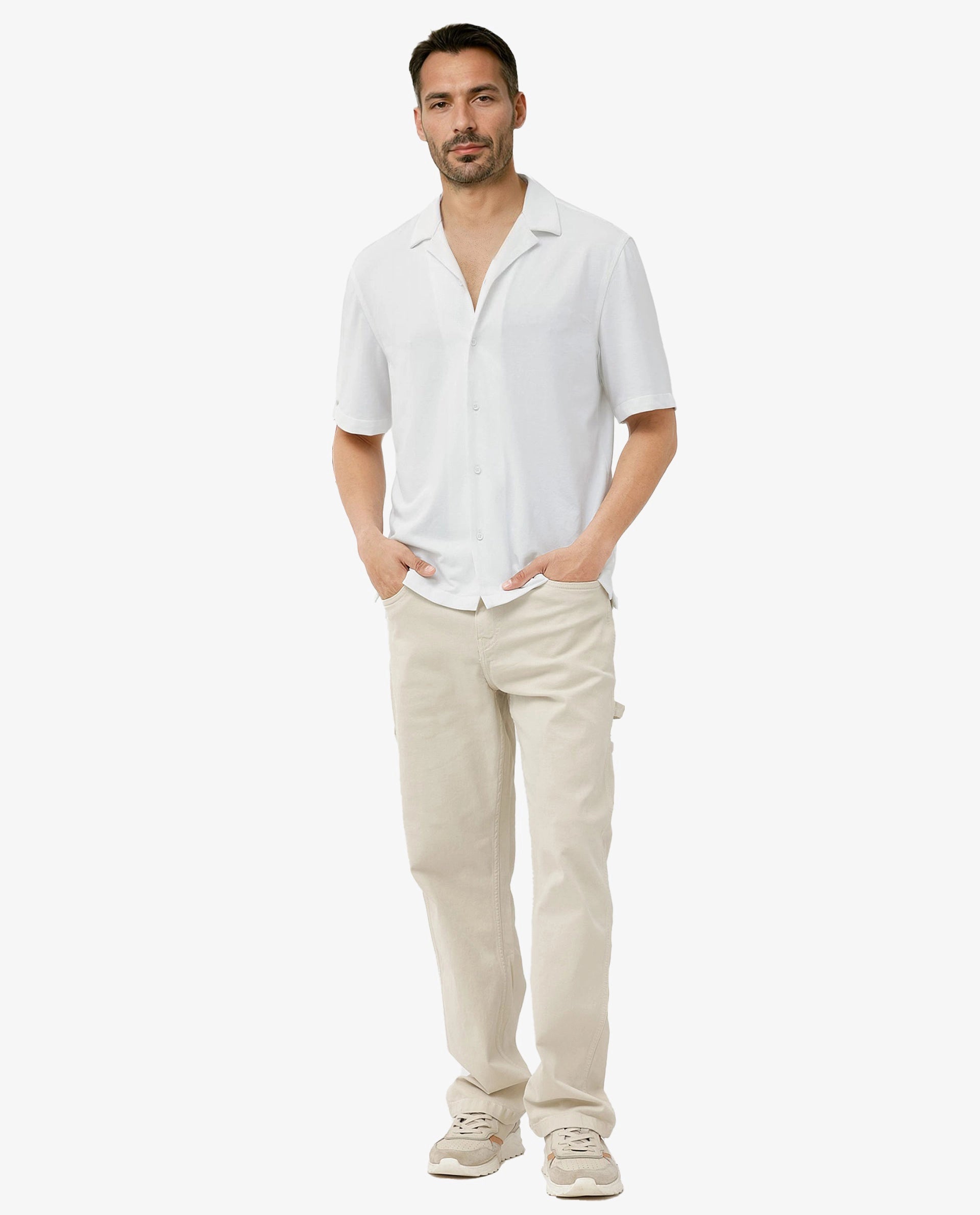 Rare Rabbit Men's Manga White Cotton Polyester Fabric Blend Cuban Collar Half Sleeves Boxy Fit Solid Knitted Shirt